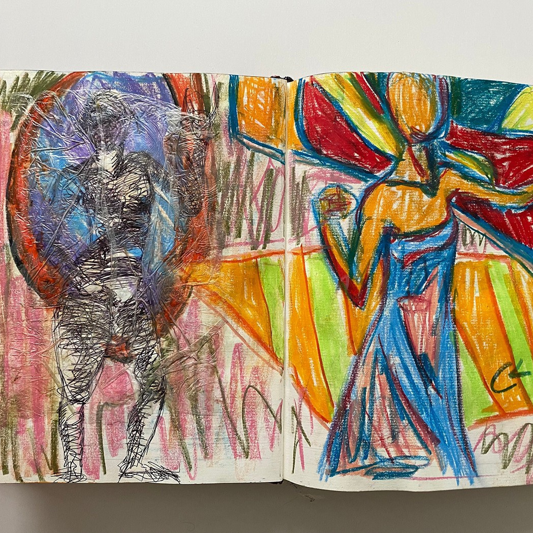 Визуальный дневник художника с экспрессивными рисунками и цветовыми решениями; пример формирования личного художественного языка через серию, повтор и исследовательскую практику в современном искусстве. Художник Лени Сморагдова 