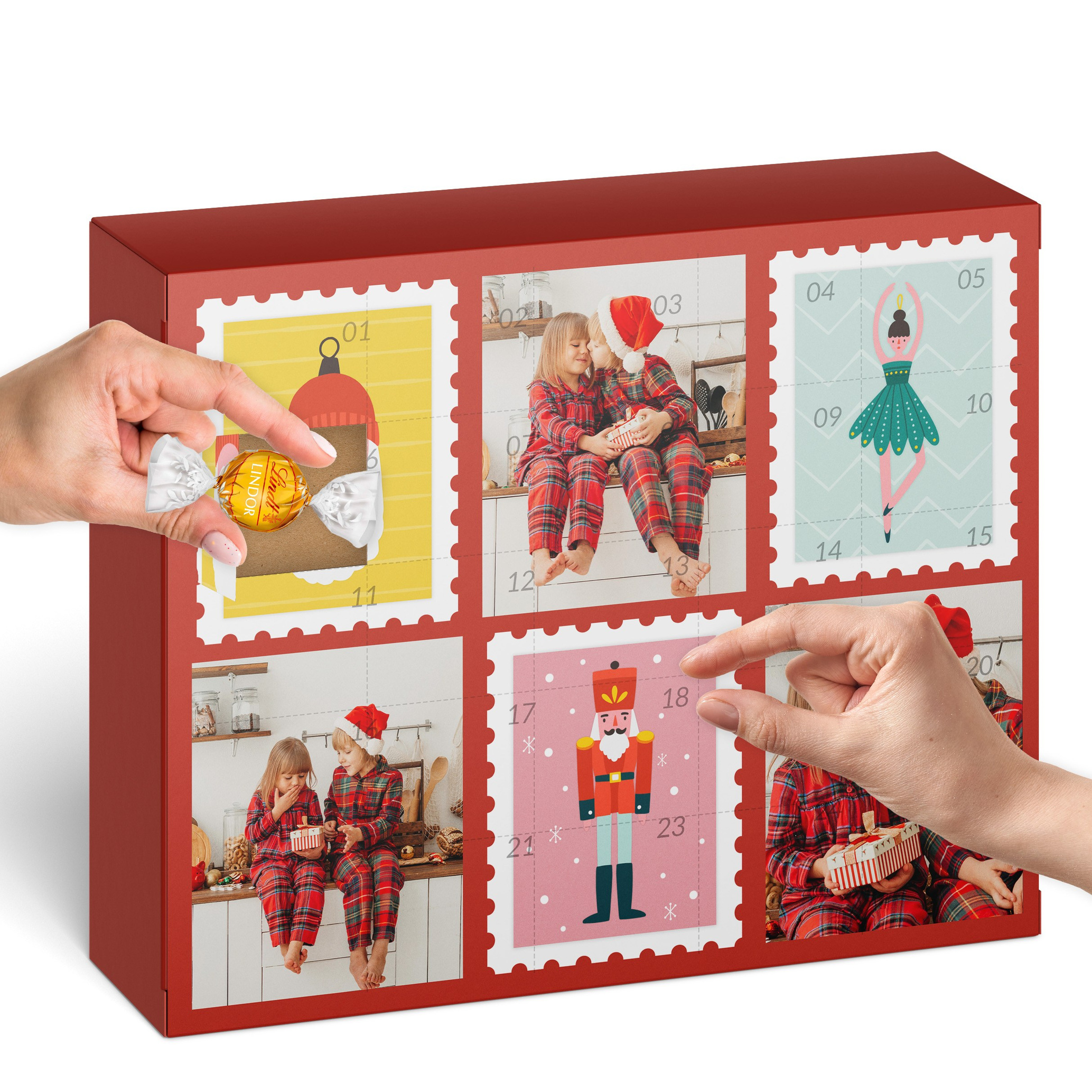 Calendario de adviento personalizado con las fotos de las sesiones de Navidad de Rainbox, con cada ventana mostrando una imagen única, brindando una experiencia festiva y personalizada