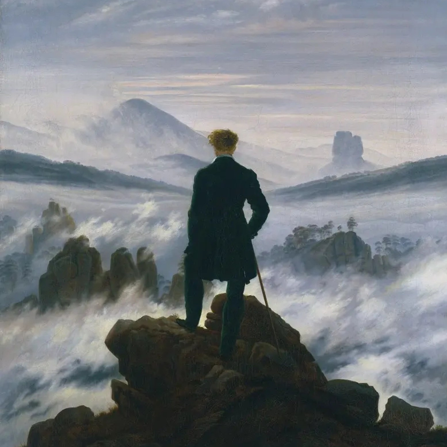каспар давид фридрих странник над морем тумана Wanderer above the Sea of Fog by Caspar David Friedrich, Painting, 1818