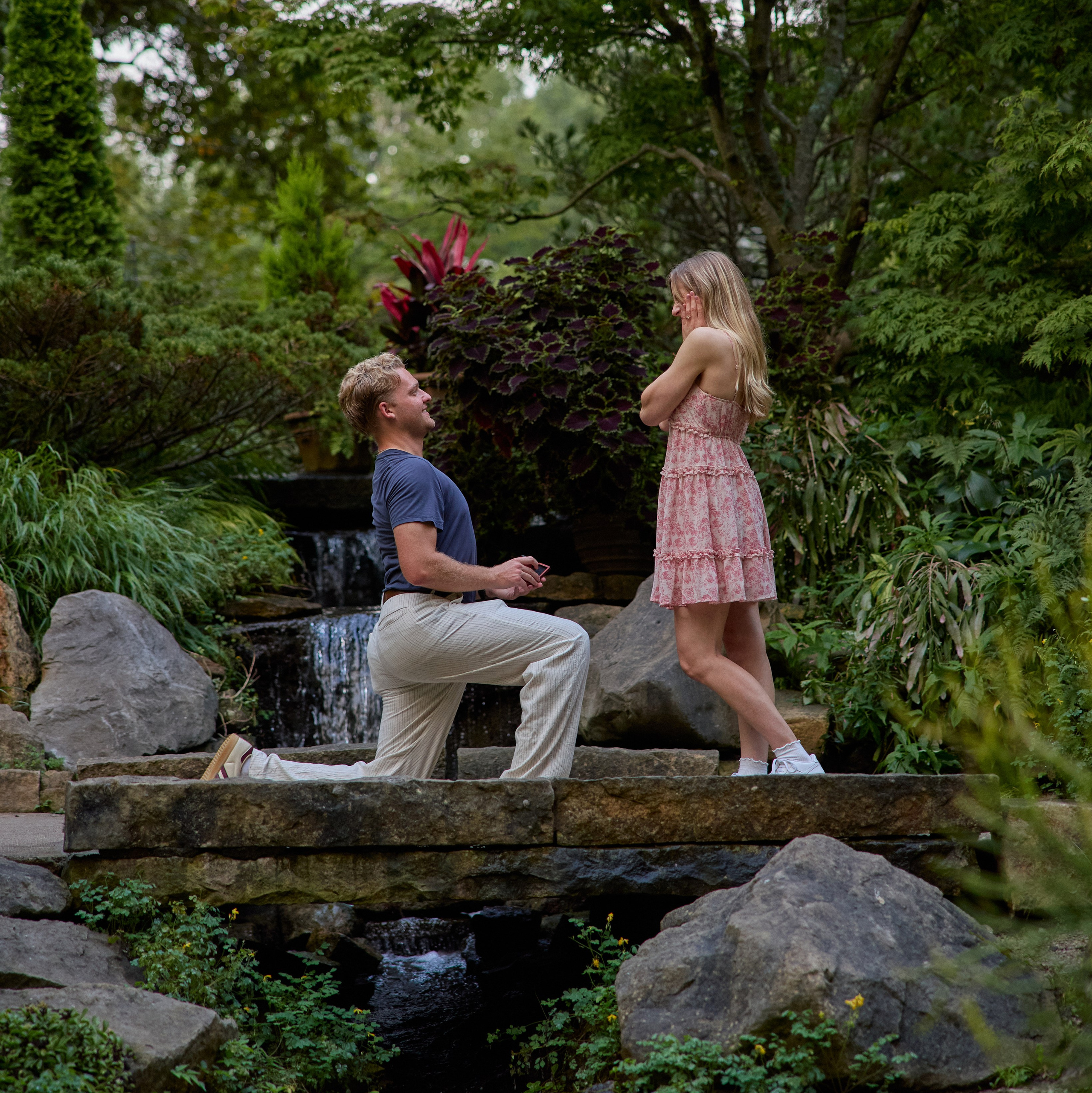 Waterfall proposal in a lush Columbus, Ohio garden