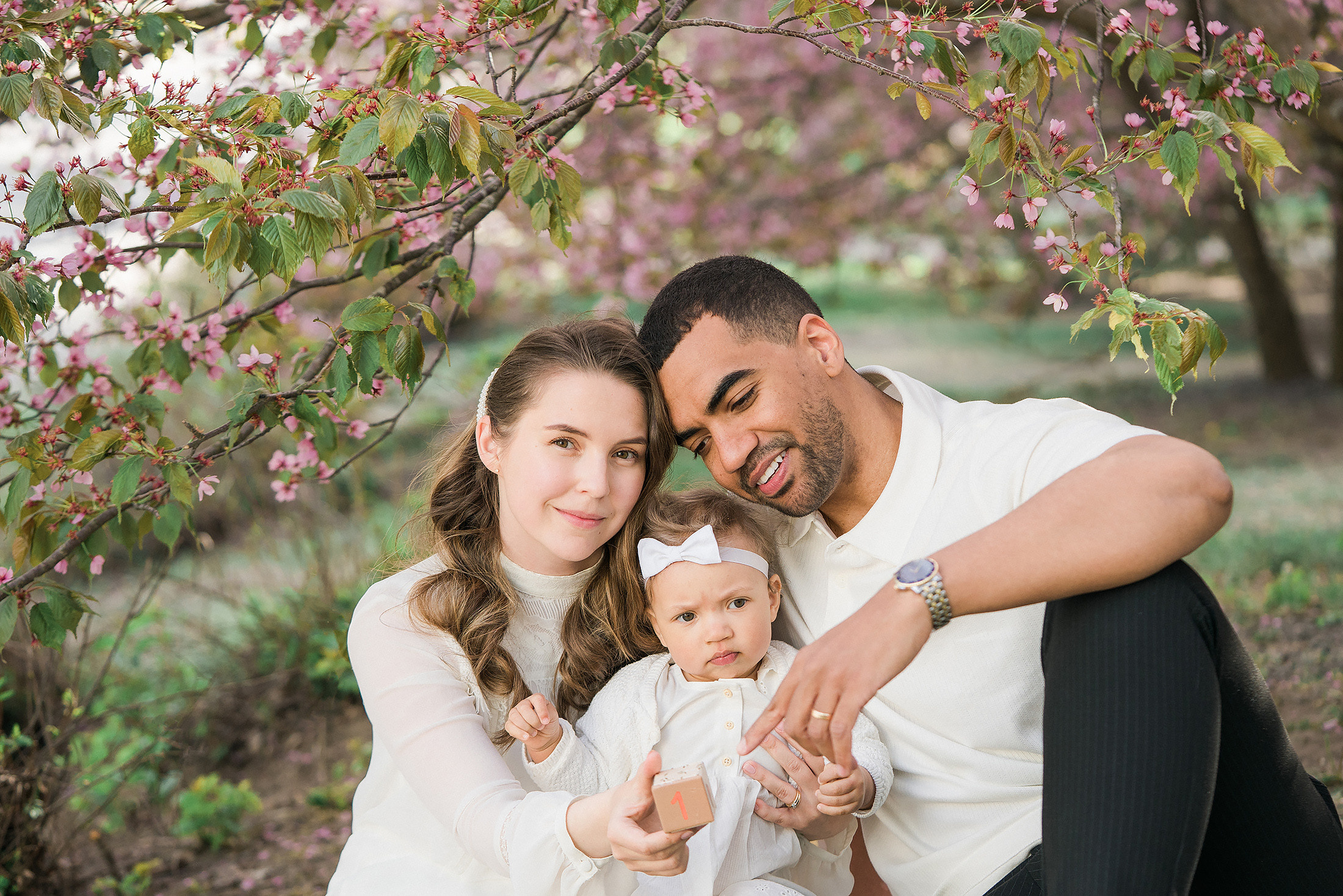 Perhekuvaus kirsikkapuistossa