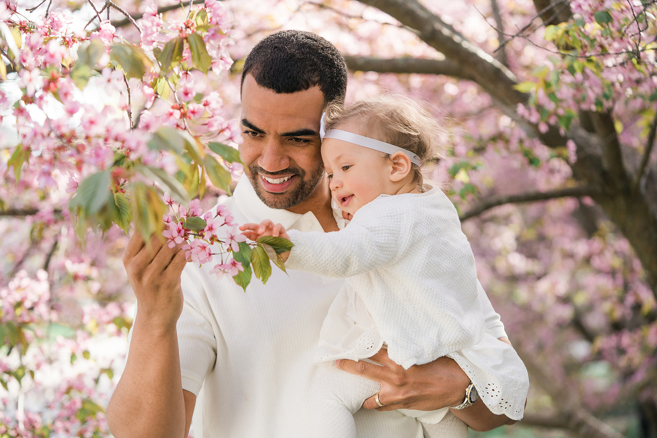 Perhekuvaus kirsikkapuistossa