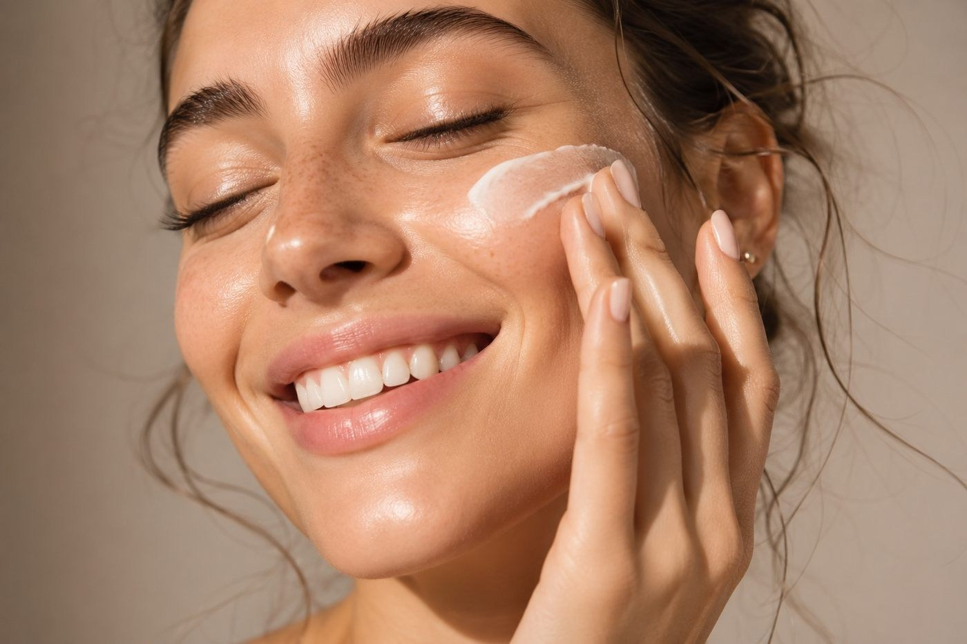 Жена с естествена сияйна кожа нанася хидратиращ крем за лице – бюти и skincare портрет в close-up стил