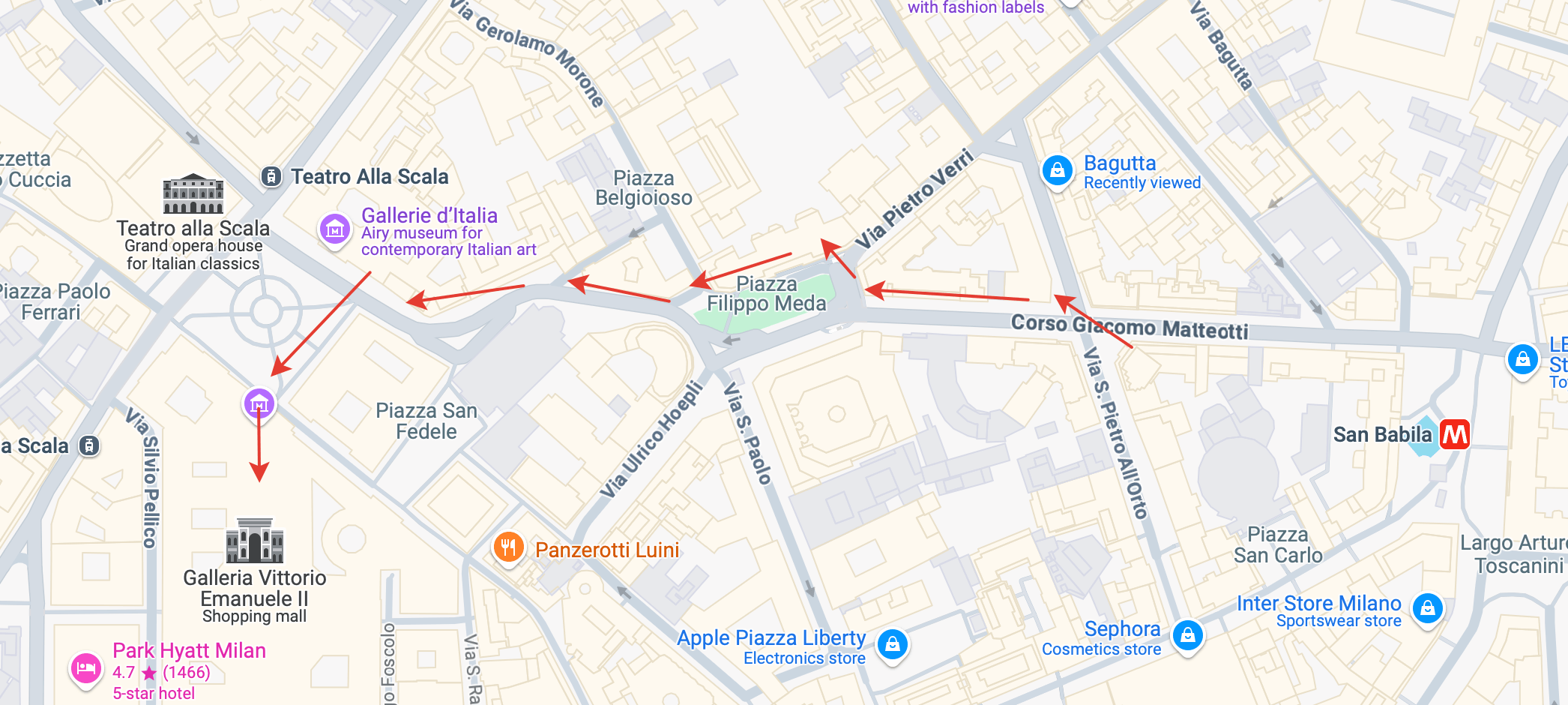 Map of central Milan showing the planned route of the Stellar Optical editorial fashion shoot