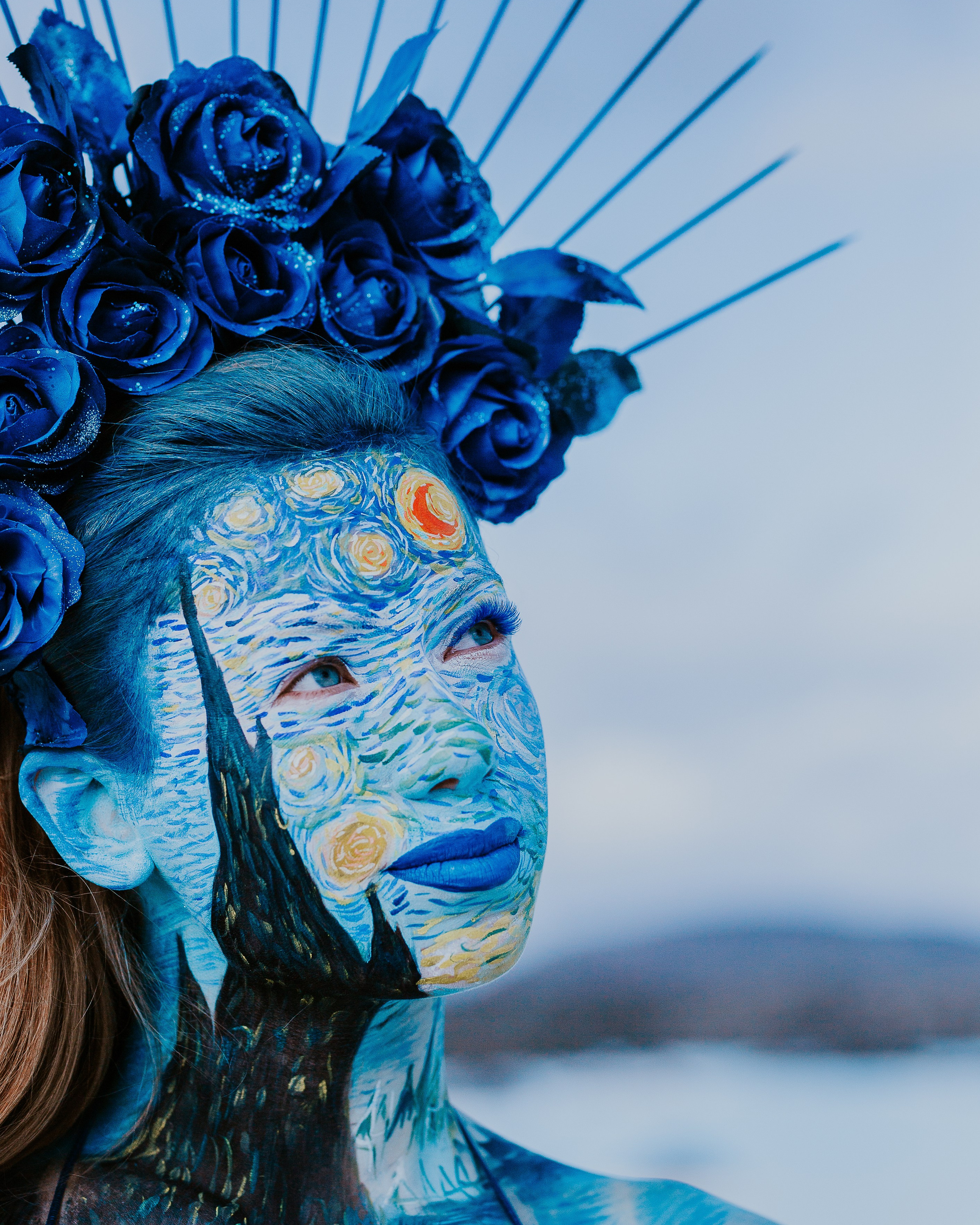 Goddess photo sessions in Iceland, crowns, creative photography in Iceland, Goddess themes photo session, woman in blue dress, face painting, Blue Lagoon Iceland
