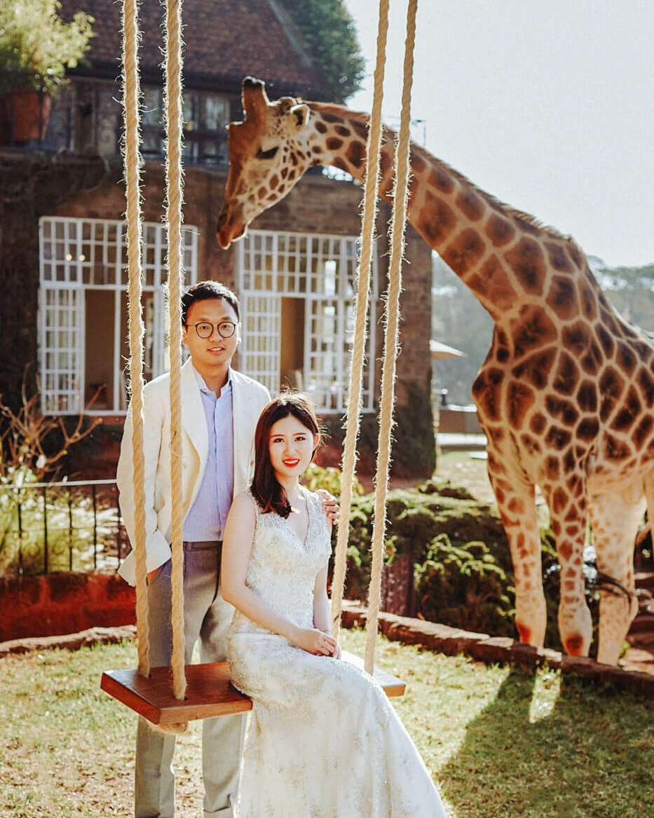 Elegant safari wedding dress at Giraffe Manor photo session