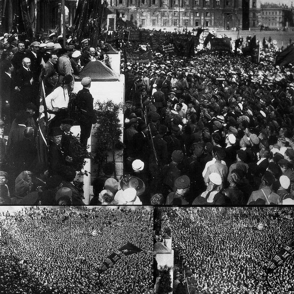 Массовый митинг в Петрограде, 1917 год — многотысячная толпа на городской площади, политическое собрание периода Русской революции, историческая фотография начала XX века.