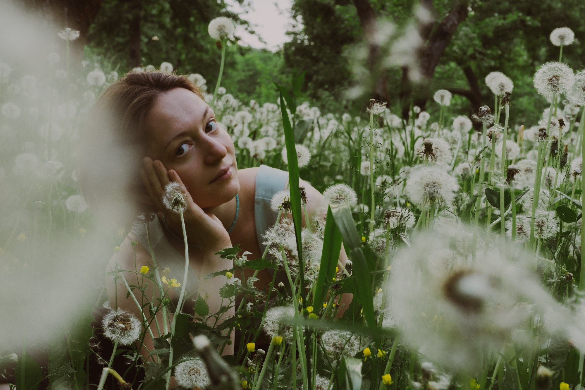 Creative portrait session featuring a girl amidst a sea of dandelions