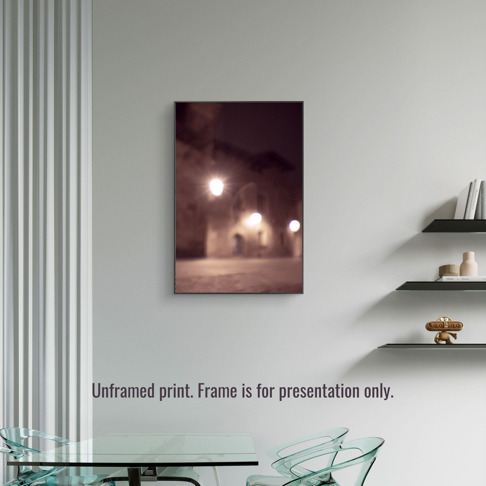 Unique monocle photography capturing the charm of Barcelona nights, ideal as a gift or home art.