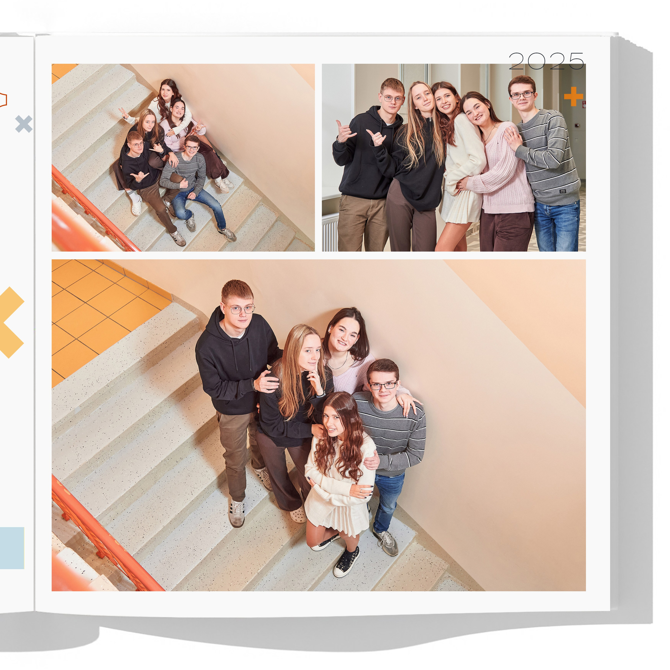 портреты с друзьями в школьном коридоре и на школьной лестнице