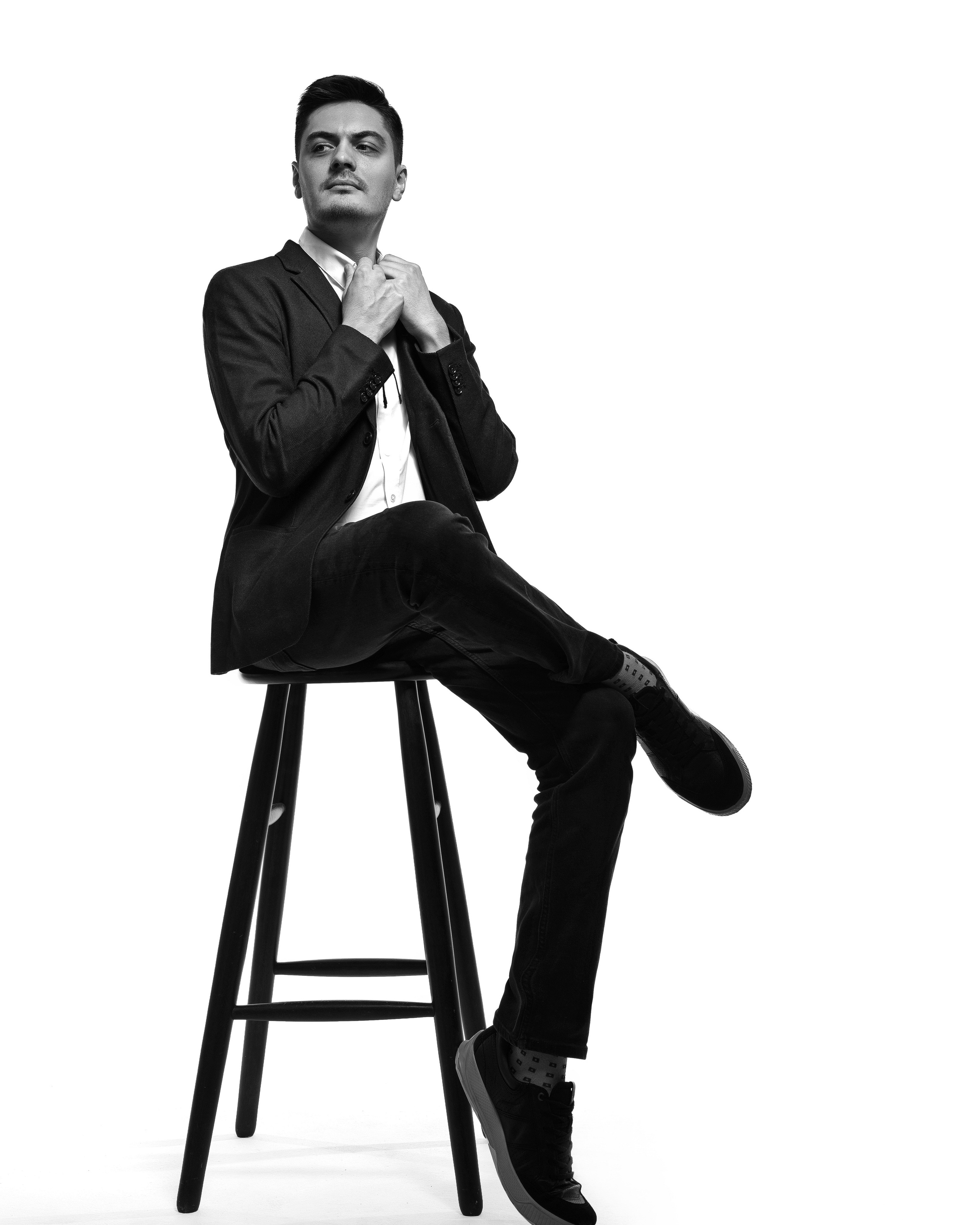 Male model test shoot with soft lighting, fashion portrait in San Francisco.