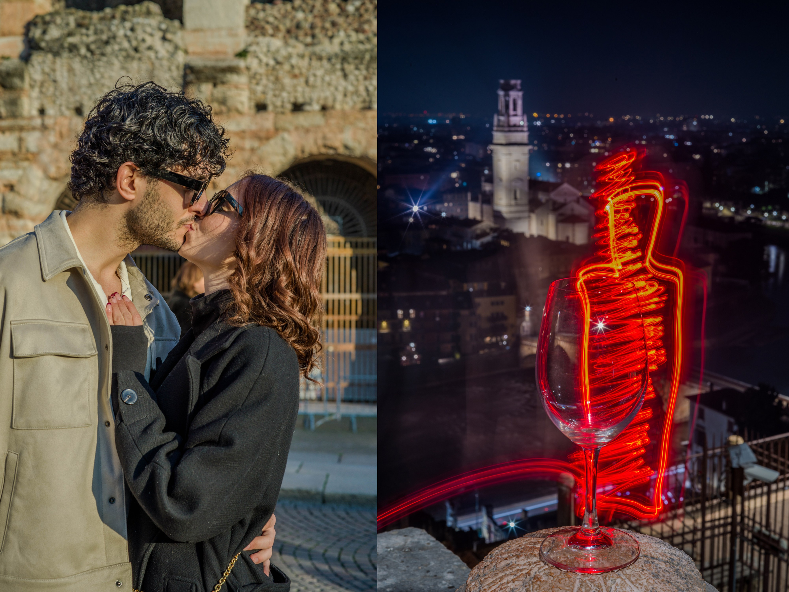 Intimate romantic photography in Verona. A cinematic love story captured at sunset with the city lights in the background. Perfect inspiration for proposal and elopement in Italy.