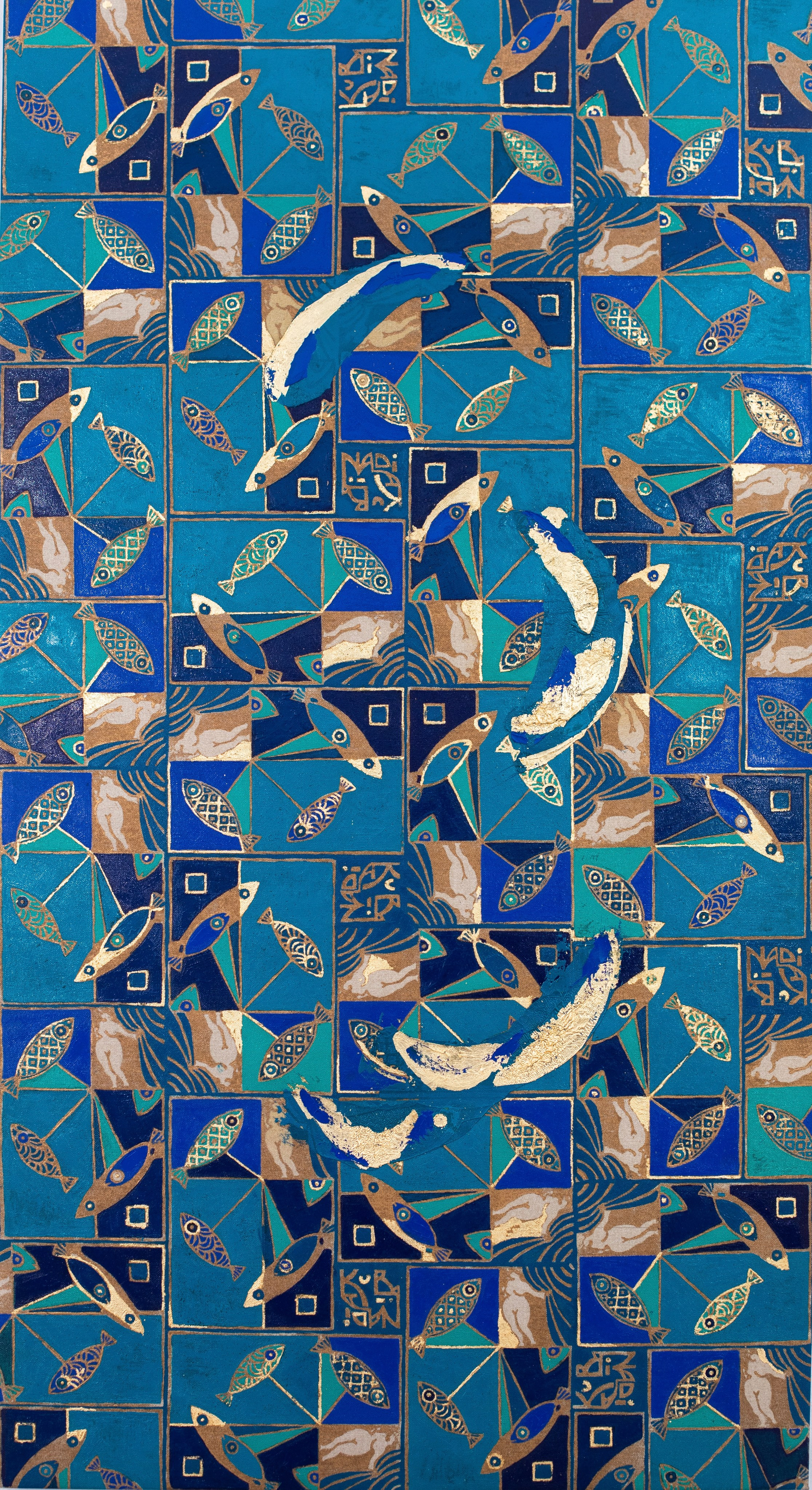 «Fish O ‘Clock» Tecnica mista, stampa su tela, ricamo su tela, olio su tela 70×130 cm. Nadia Kuprina. Artist