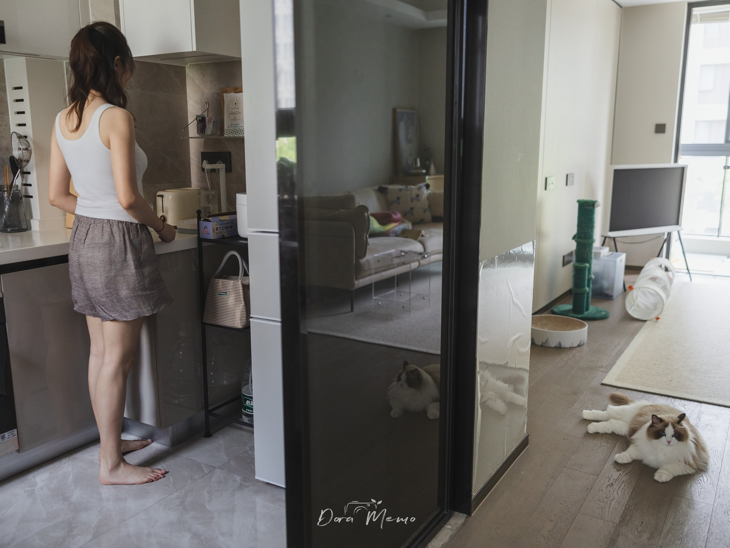 A woman prepares something in the kitchen while her ragdoll cat lounges in the hallway, reflecting in a glass panel — a quiet domestic scene captured by a Shanghai lifestyle photographer.