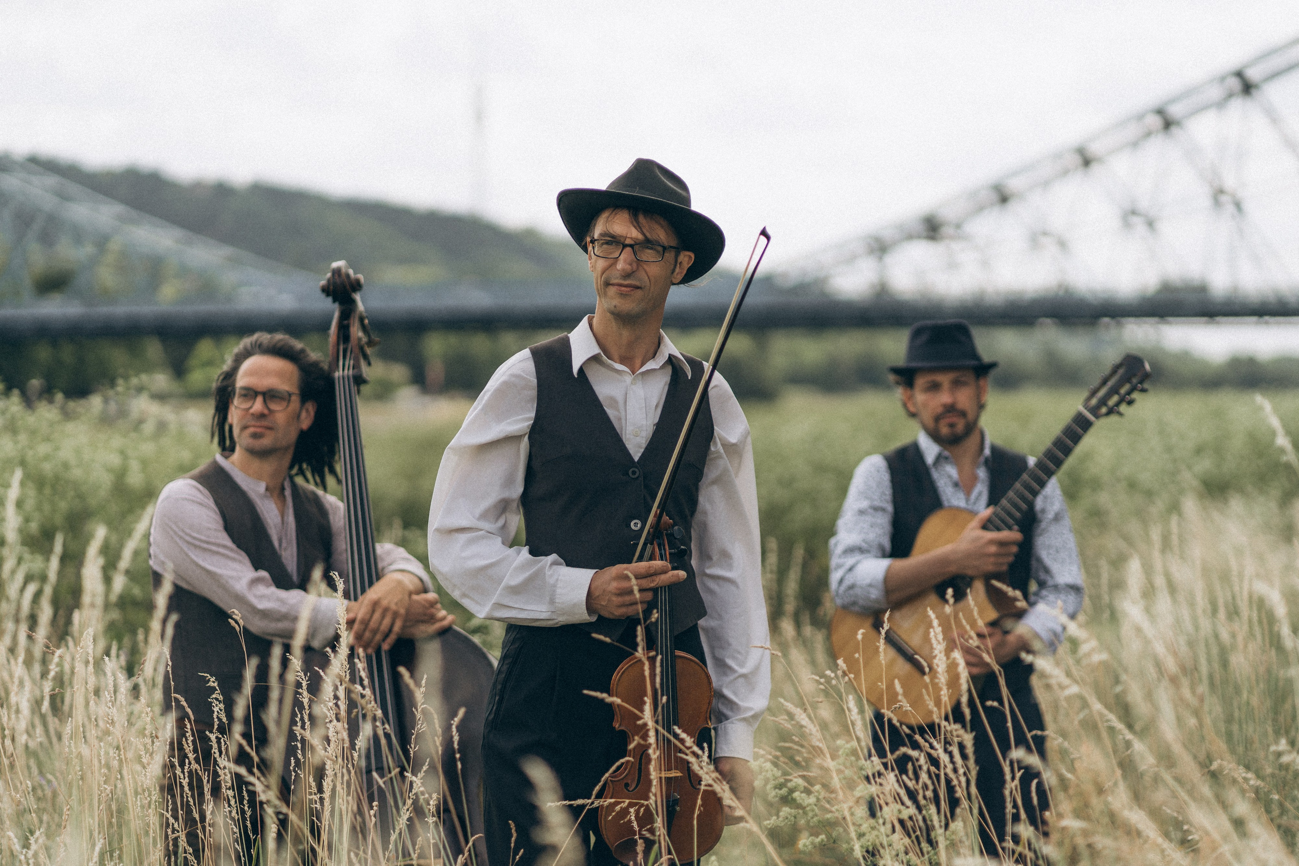Band Ziganimo im Portrait – drei Musiker mit Gitarre, Geige und Kontrabass in der Natur