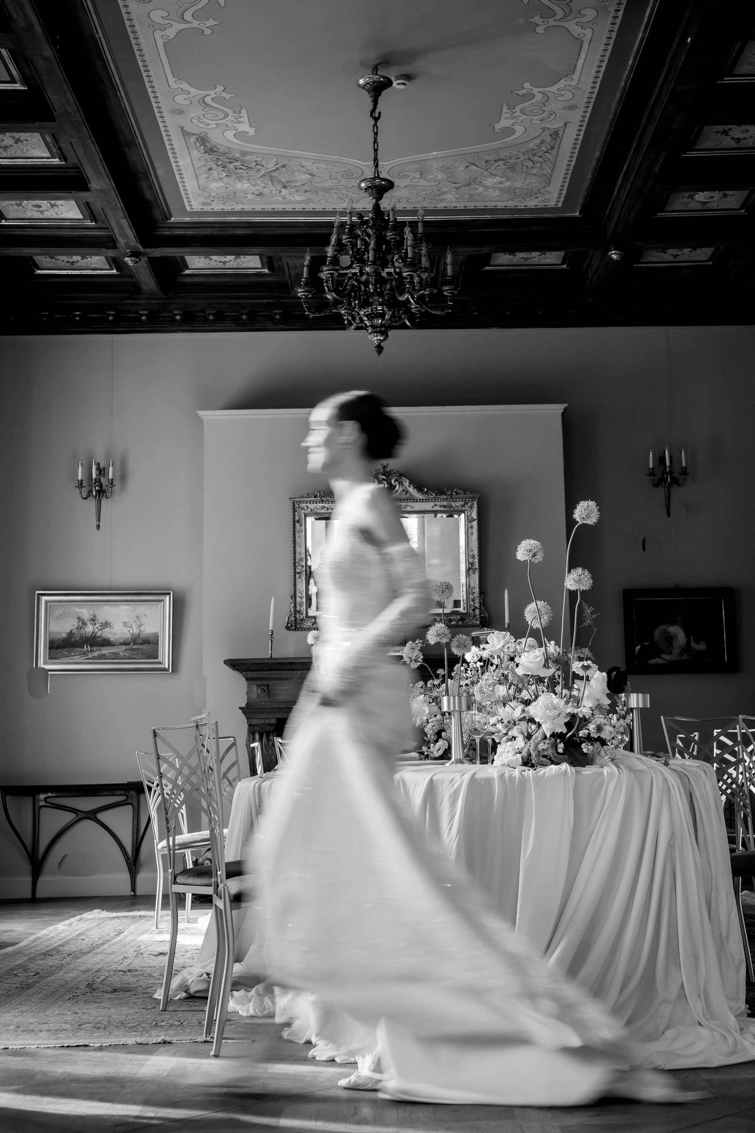 black and white wedding portrait with cinematic atmosphere