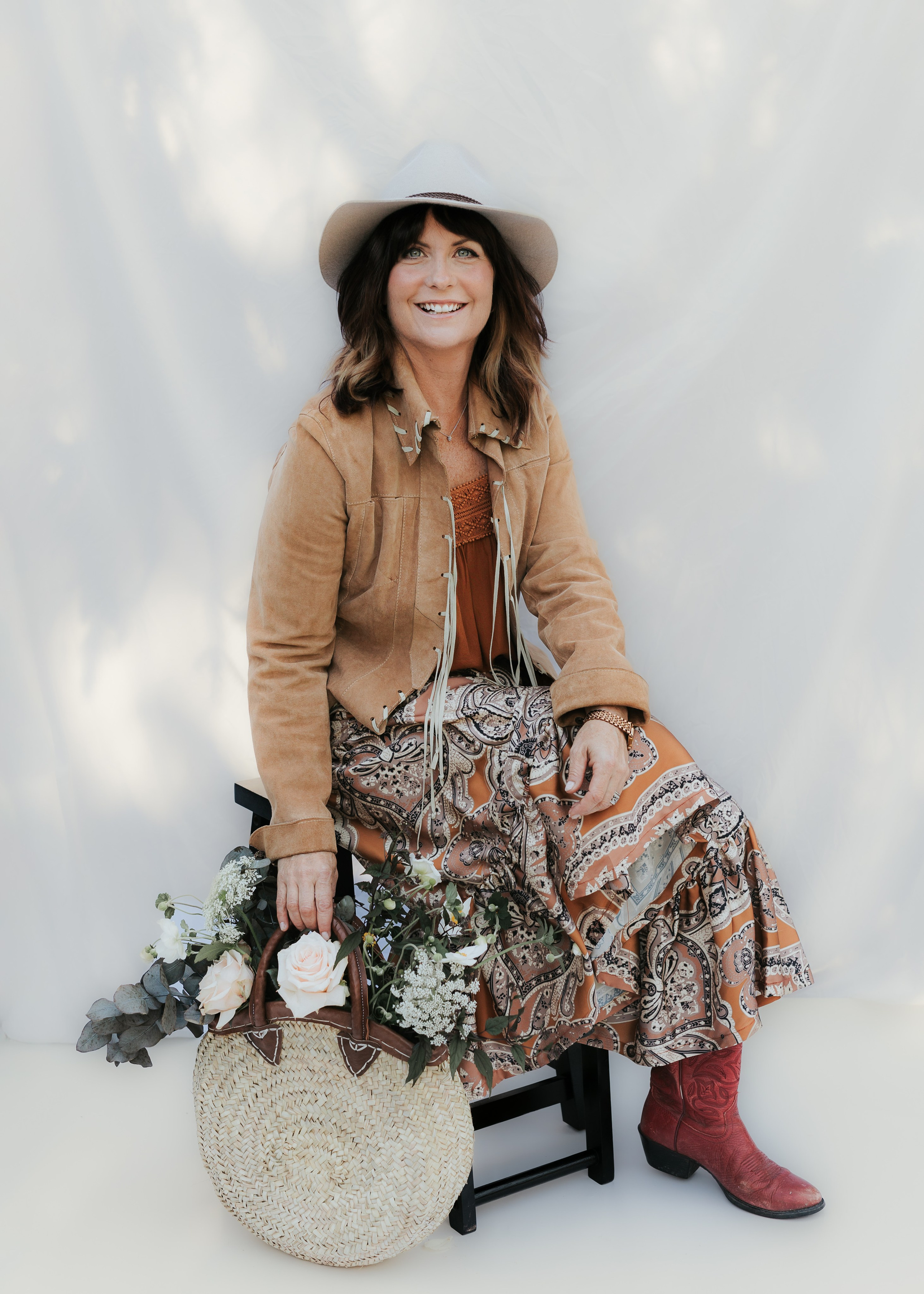 Woman wearing brown jacket and hat sitting on a chair surrounded by flowers 