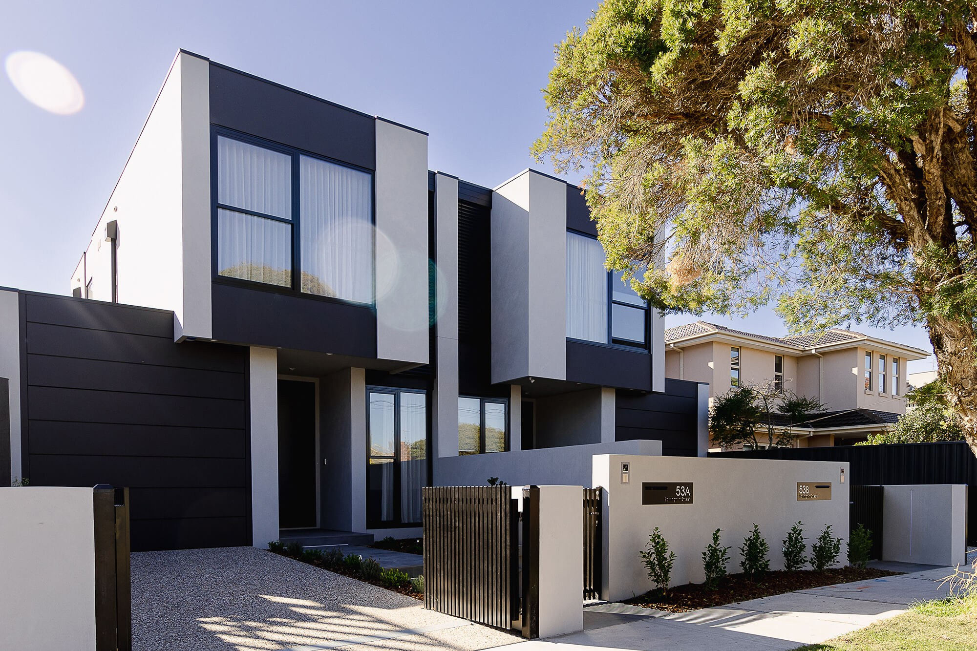 Exterior shot of Melbourne townhouse at sunset