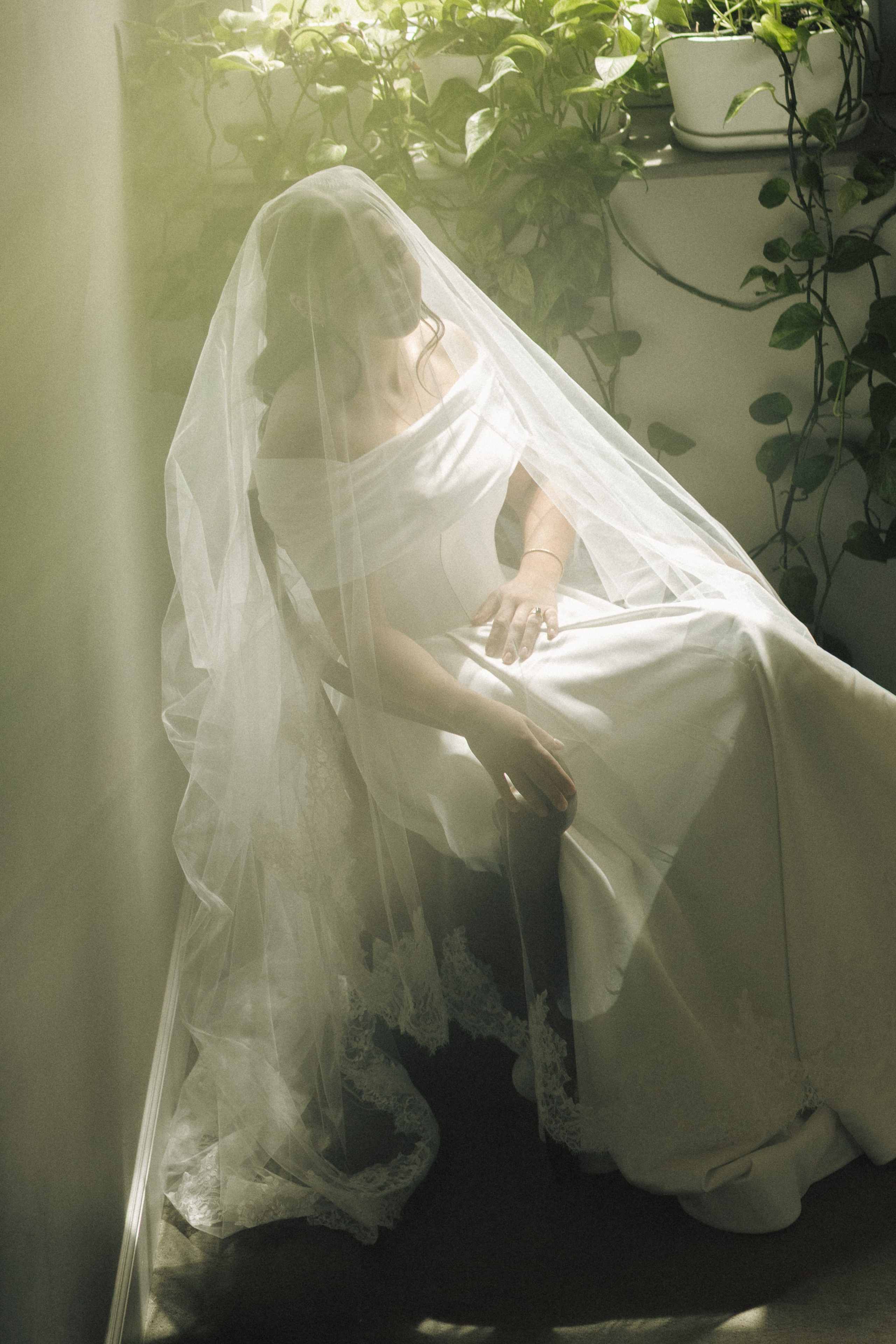 Romantic bridal portrait with a long veil during a Lake Como elopement