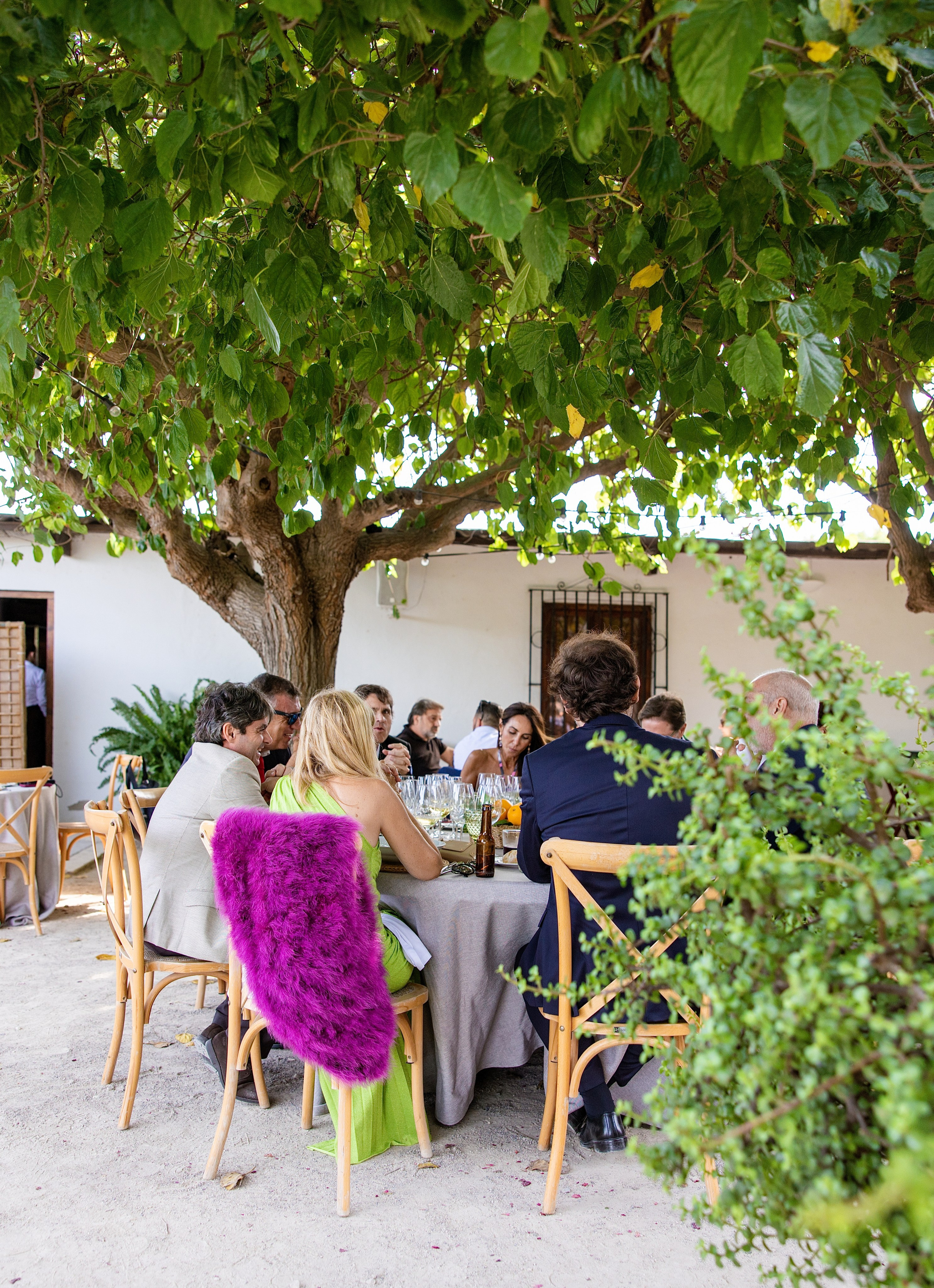 Foto de grupo de invitados con vestidos de colores delante de la barraca, boda en La Baraca del Palmar
