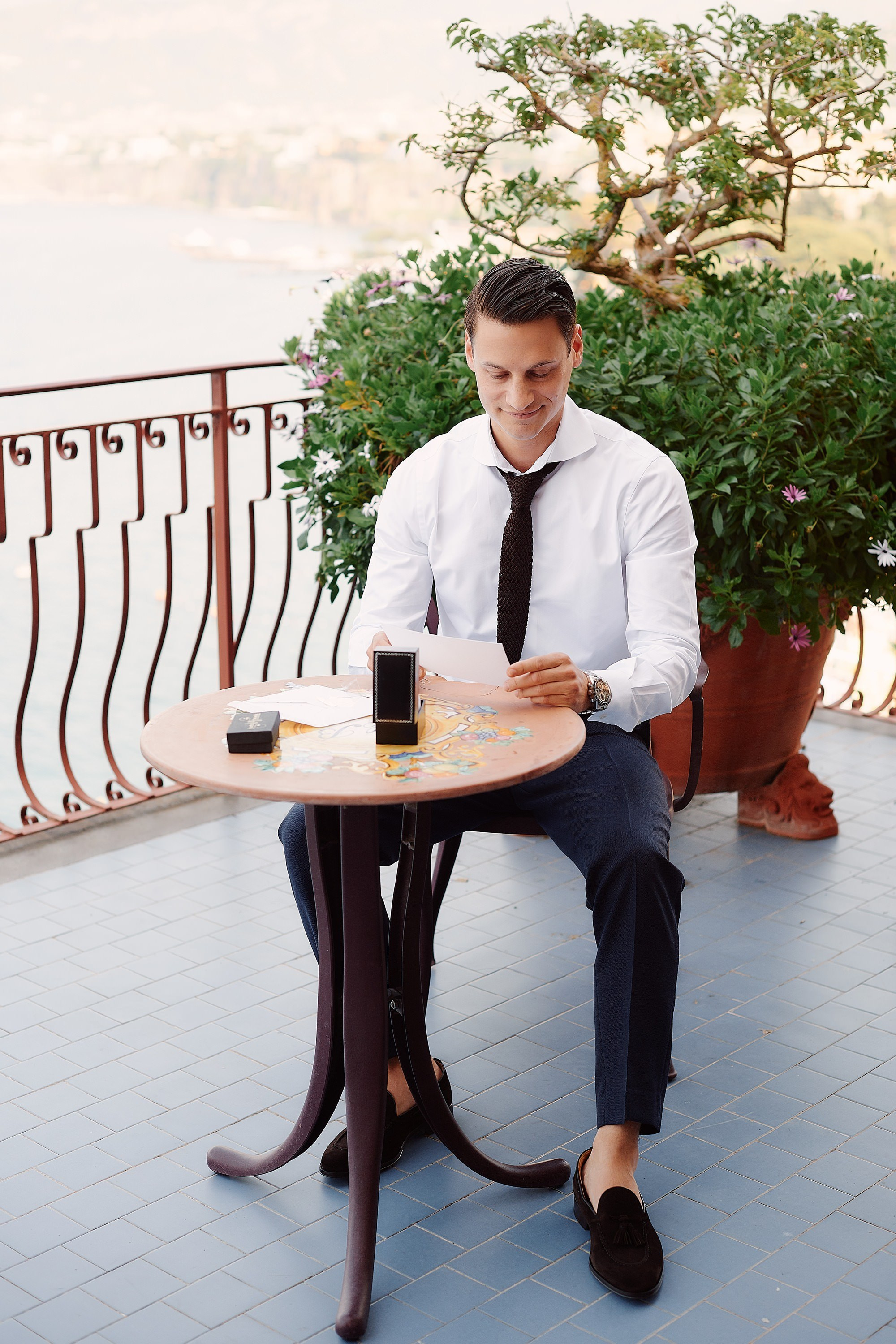 Groom getting ready for wedding in Sorrento Amalfi Coast