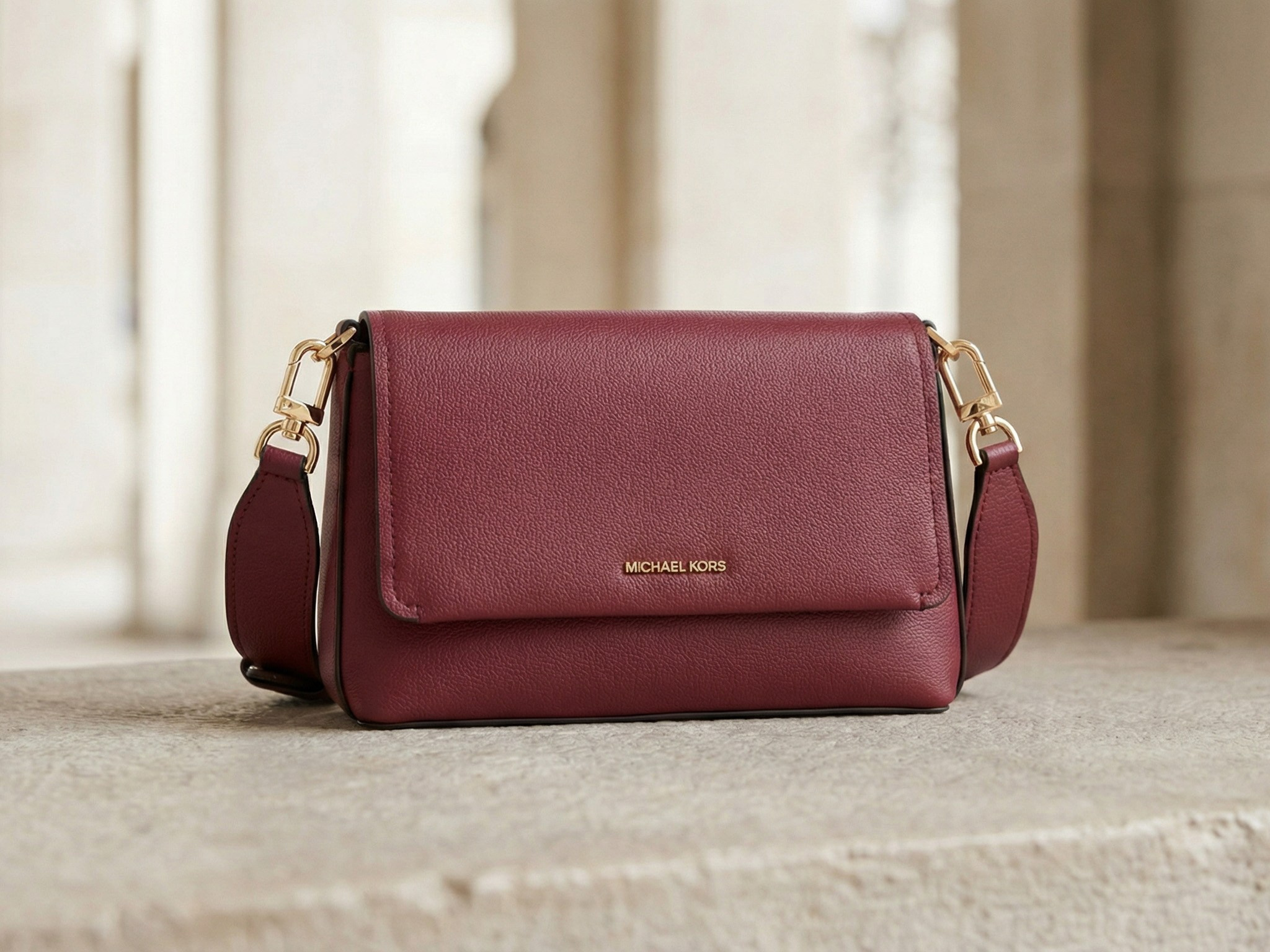 AI fashion visualization burgundy crossbody bag lifestyle editorial elegant interior