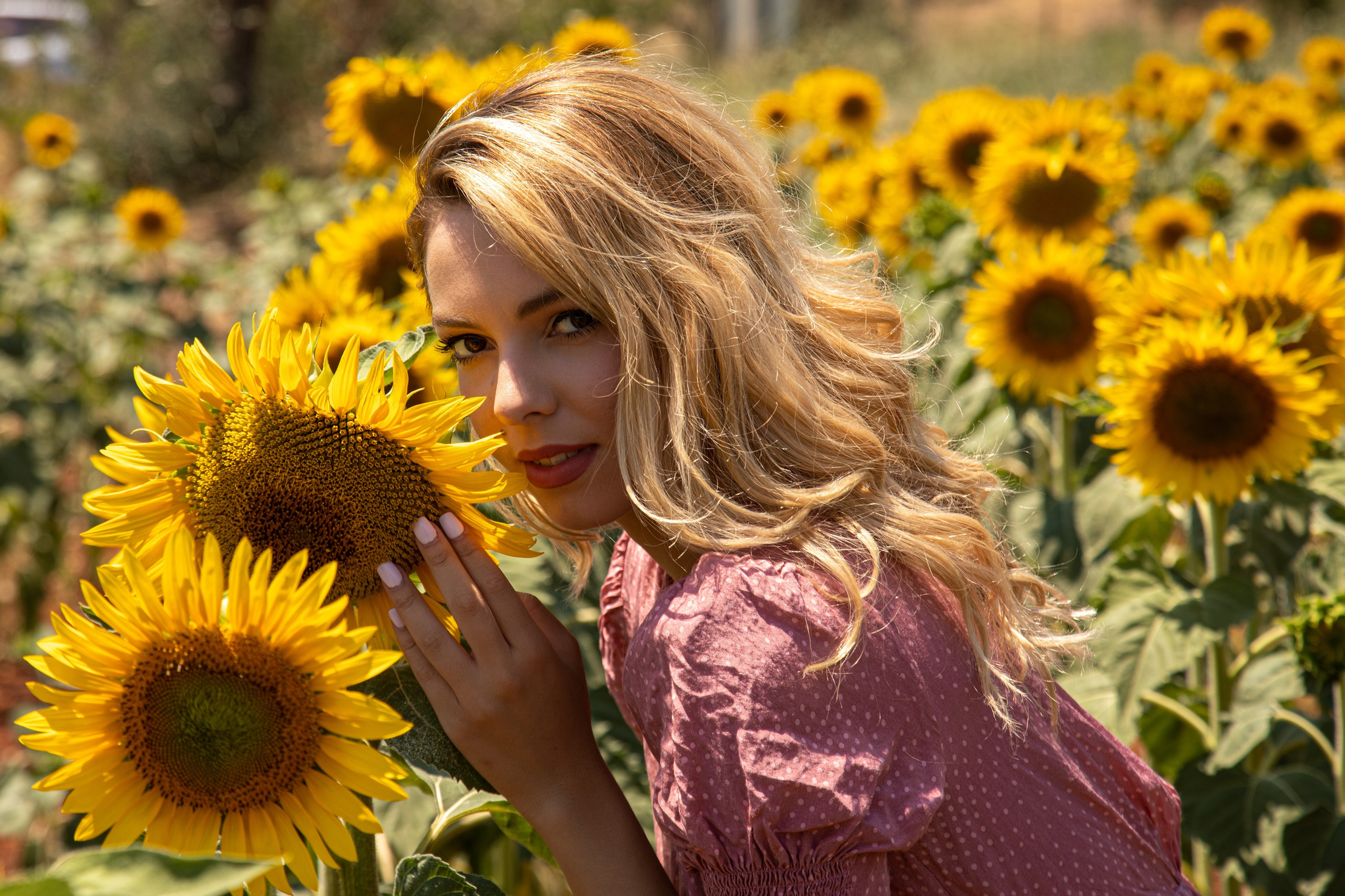A young woman in a pink, ditsy-print top enjoys a sunny day amidst a vast field of blooming sunflowers. The vibrant yellow flowers and warm natural light create a cheerful, carefree summer atmosphere. This portrait captures the simple beauty of an outdoor moment.
