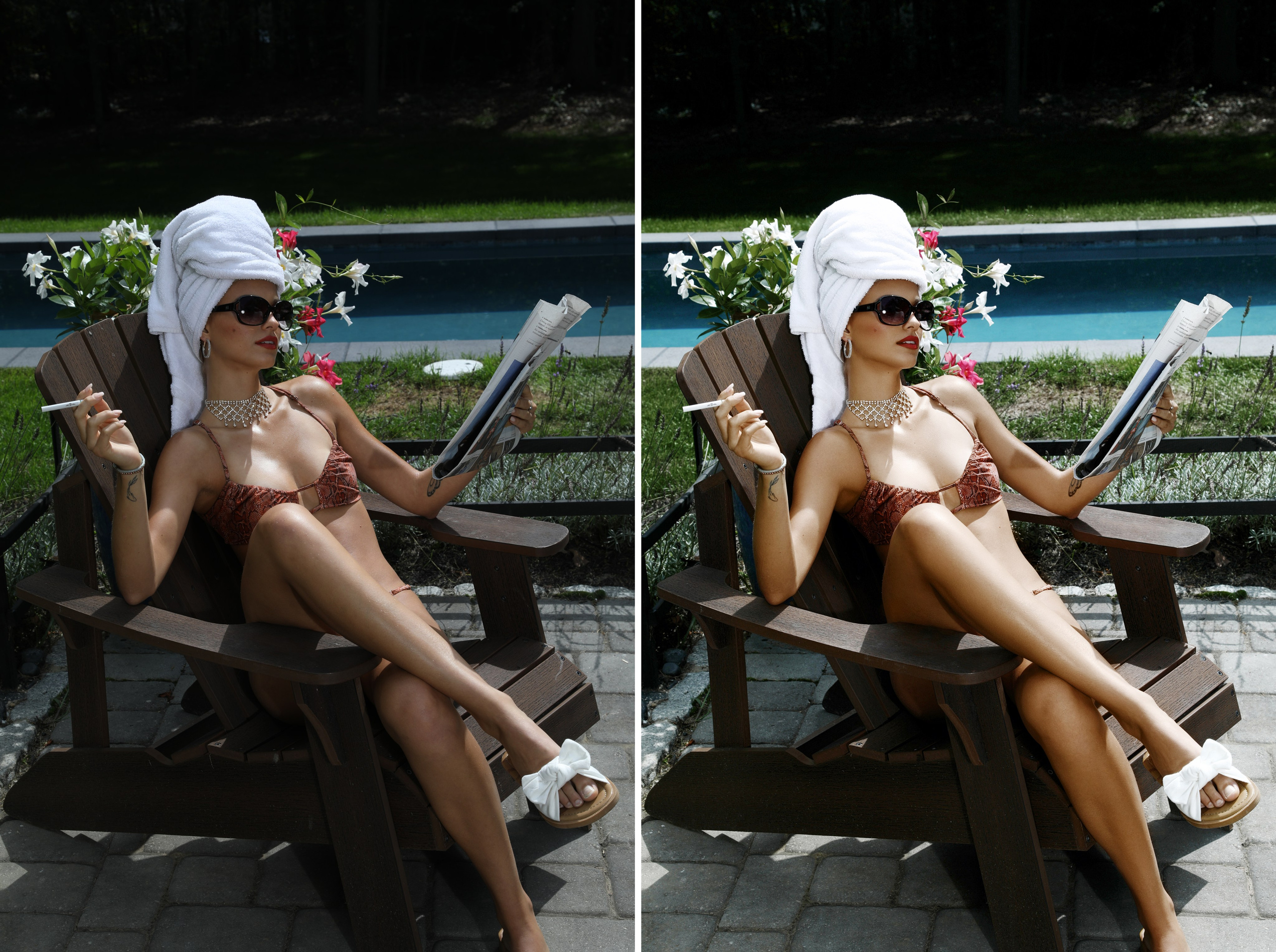 High-End Fashion retouching photos in the pool in swimsuit. Professional services from Retoucher Olha Kompaniiets