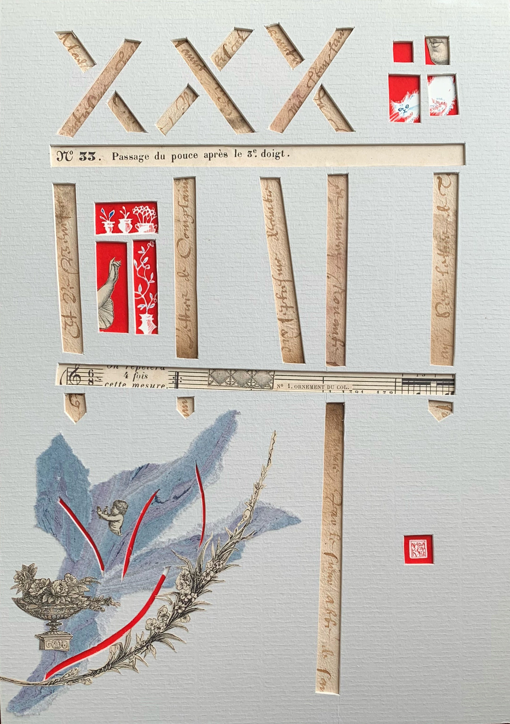 Opera d’arte collage carta cartoncino inchiostro casa città Francia Le Mans Vieux Mans case villaggio fiaba Fornasetti  case a graticcio traliccio carte antiche lettere carta antica inchiostro rosso gatto bianco orecchio