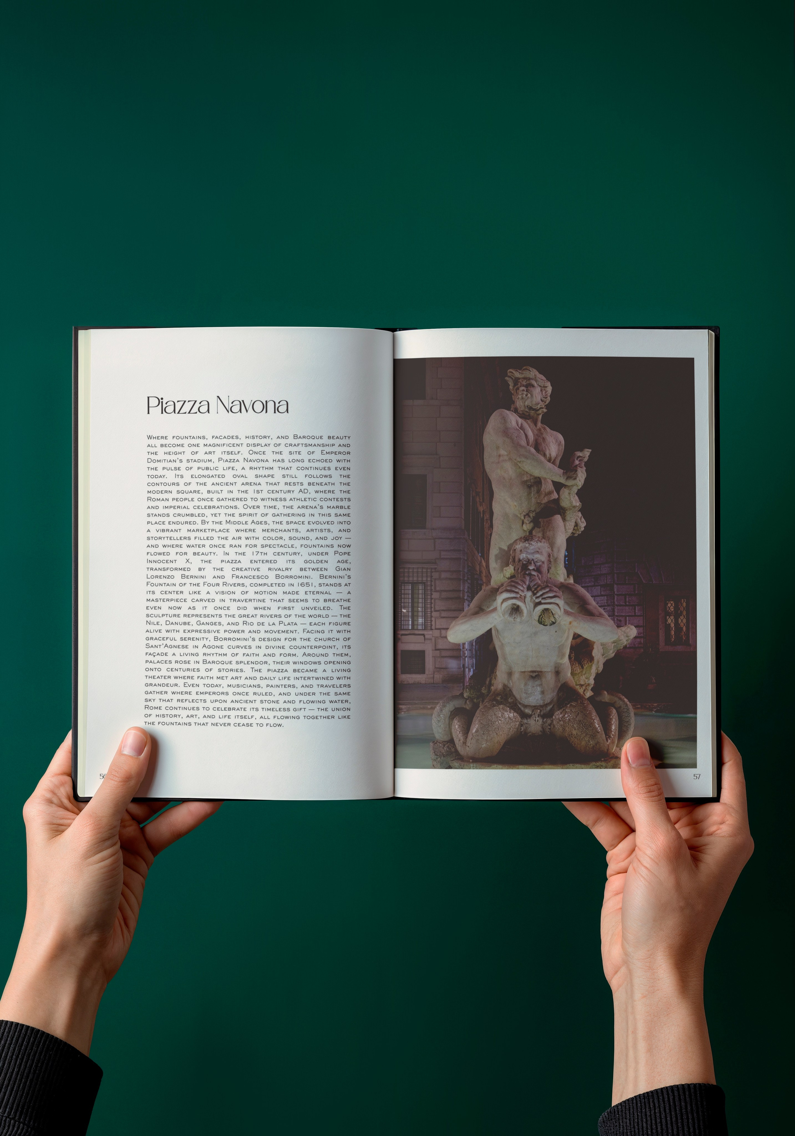 Rome, Italy – Photography Book – Rome — When Light Shapes Form – Open hardcover photography book held in hands, displaying original photography alongside a historic painting of Piazza Navona – Eduardo Bartoli Photography