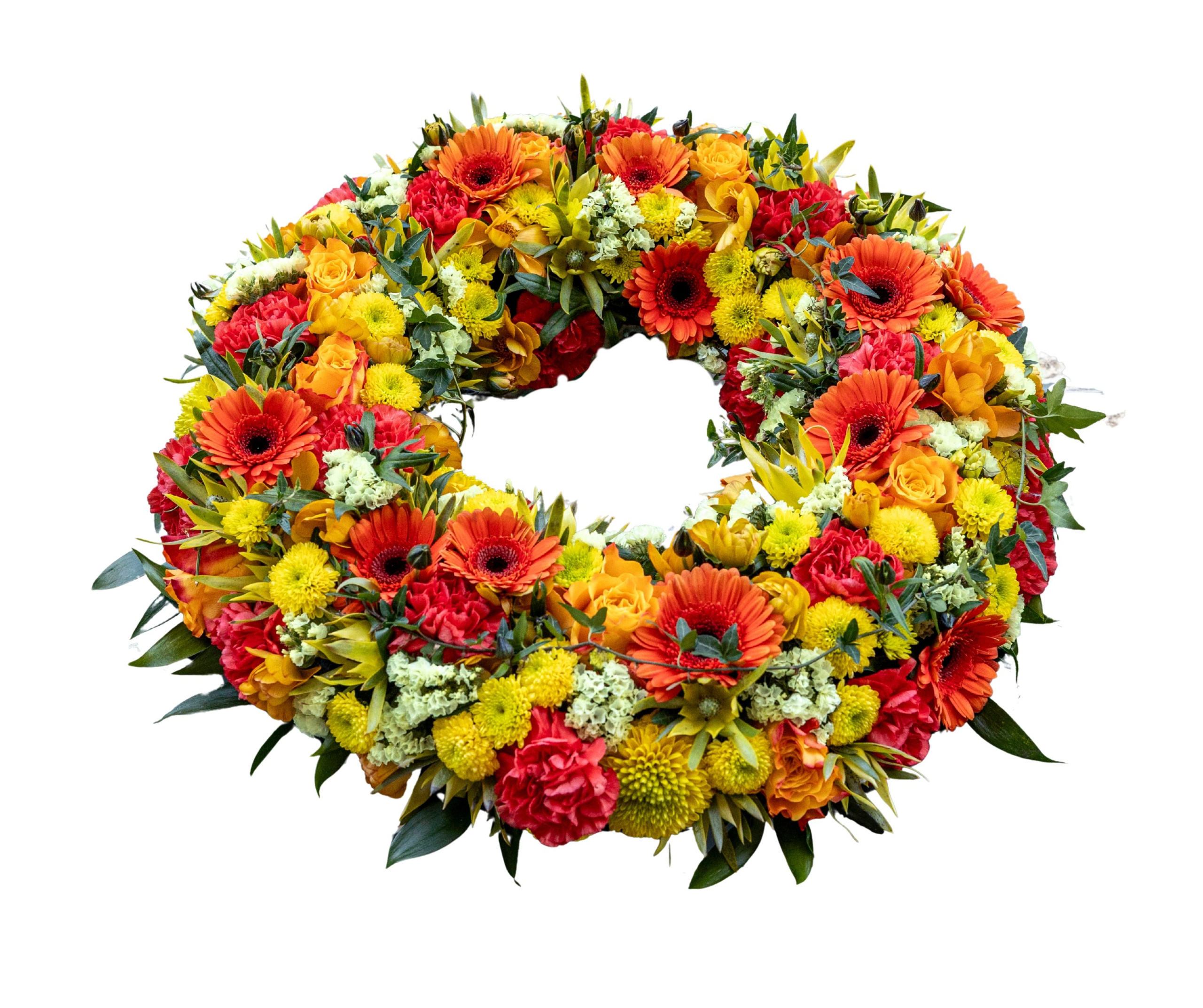 Farverig begravelseskrans med gerbera, roser og dekorative blomster i varme toner. Akropolis Blomster skaber personlige begravelsesblomster, der udtrykker kærlighed, taknemmelighed og respekt ved den sidste afsked.
