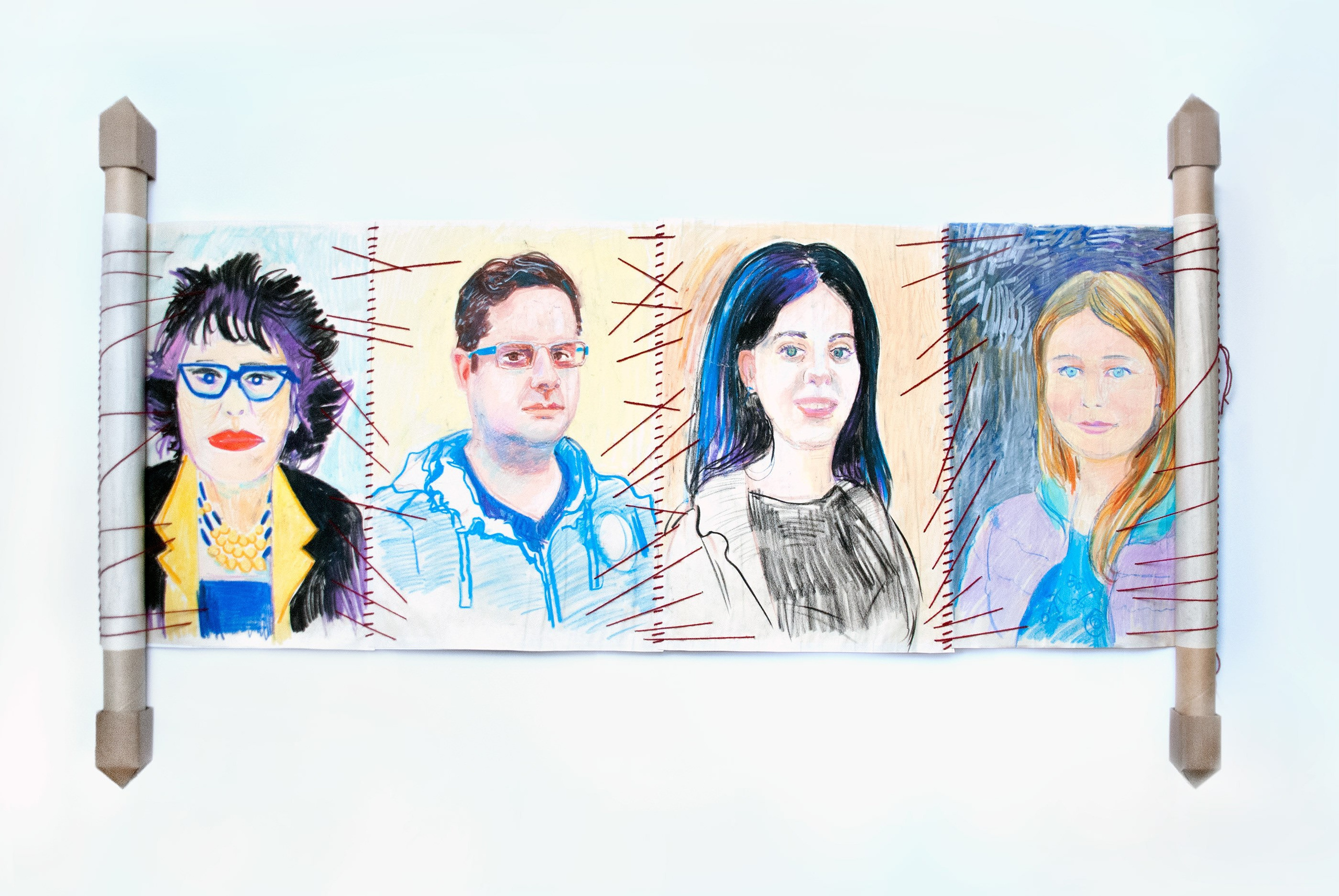 'Scroll'. Oil pastel, newsprint, thread, cardboard 130 × 80 cm, 2016