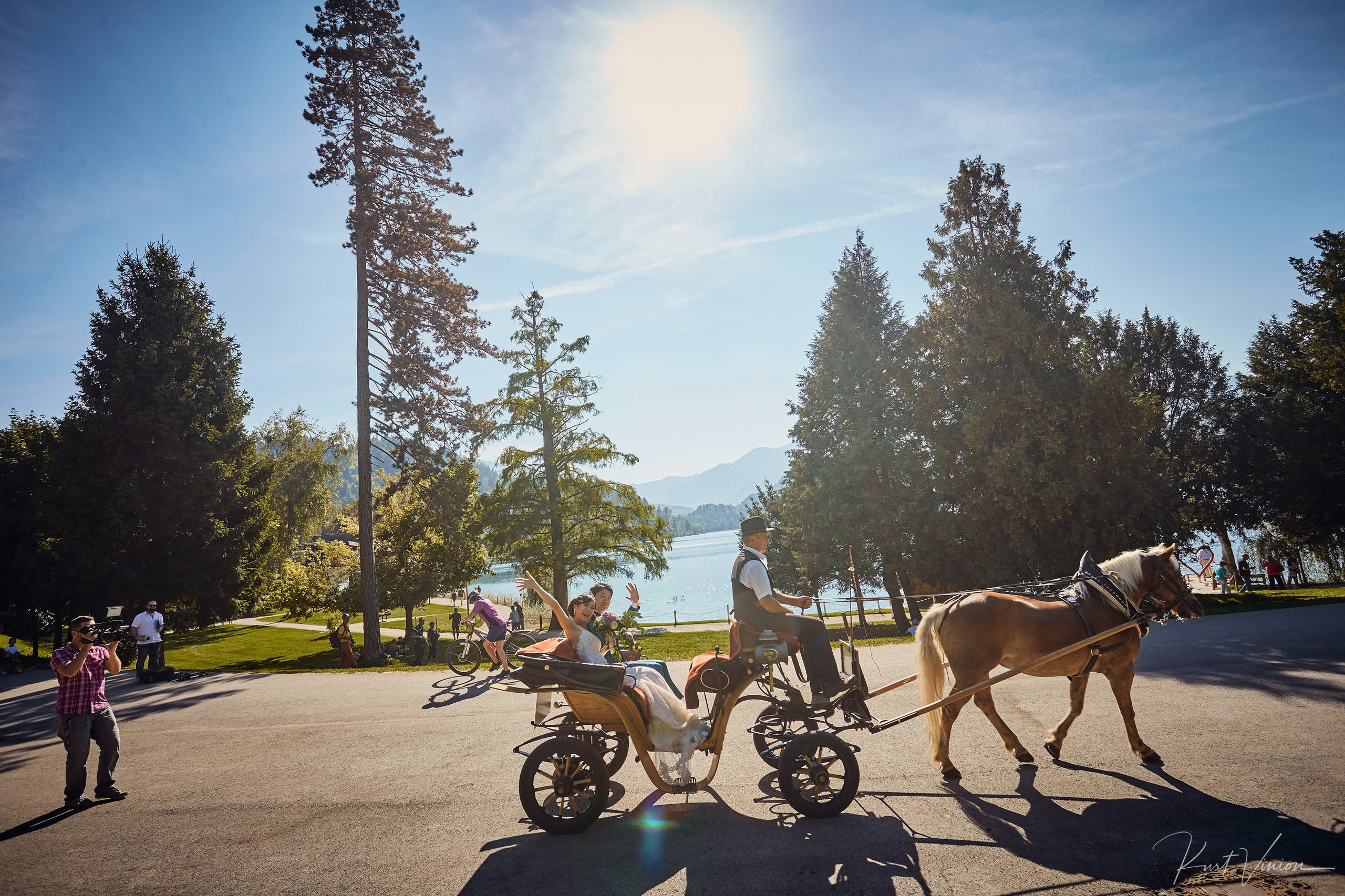Traditional horse-drawn carriage bright summer light Bled wedding.