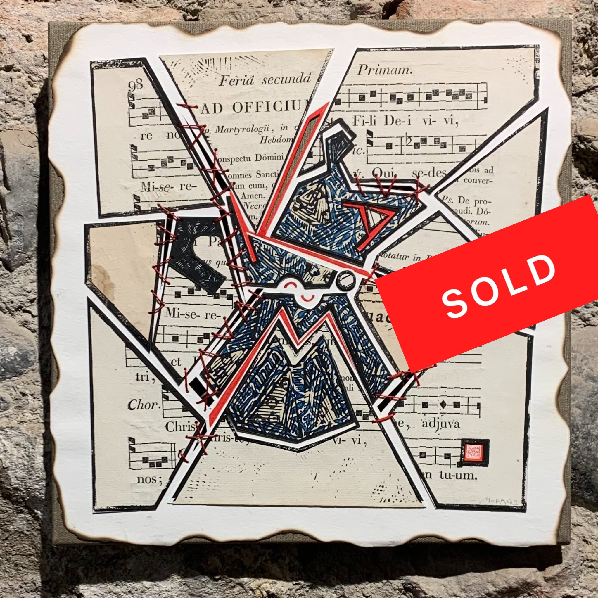 Collage, mixed media, moka, Italian coffee, design, paper, pattern, canvas, textile, sewing, music score, old paper, collection, linocut print, handmade, coffee, square, art collection, caffettiera, legend, sold