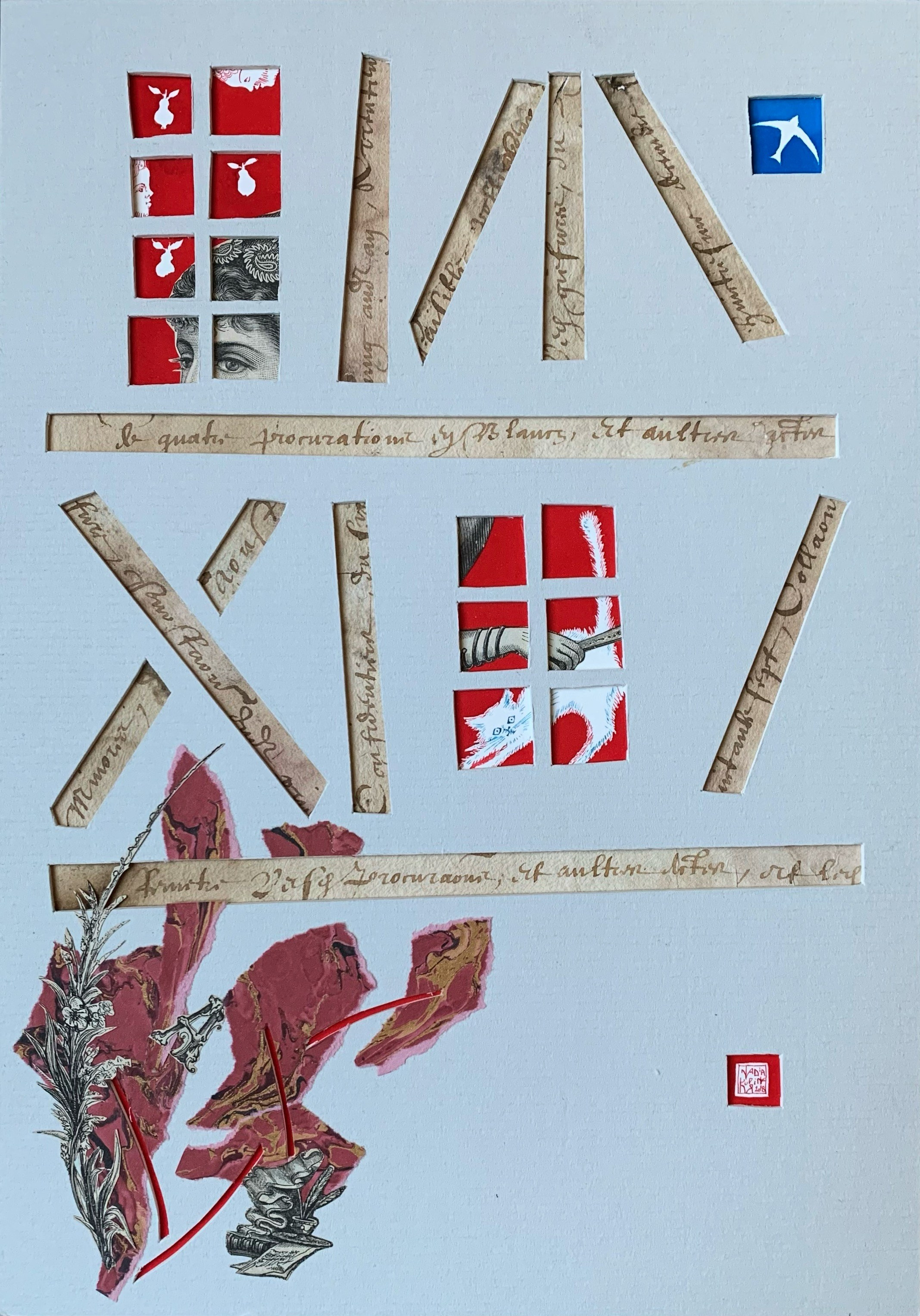 Opera d’arte collage carta cartoncino inchiostro casa città Francia Le Mans Vieux Mans case villaggio fiaba Fornasetti  case a graticcio traliccio carte antiche lettere carta antica rosso inchiostro gatto bianco rondine