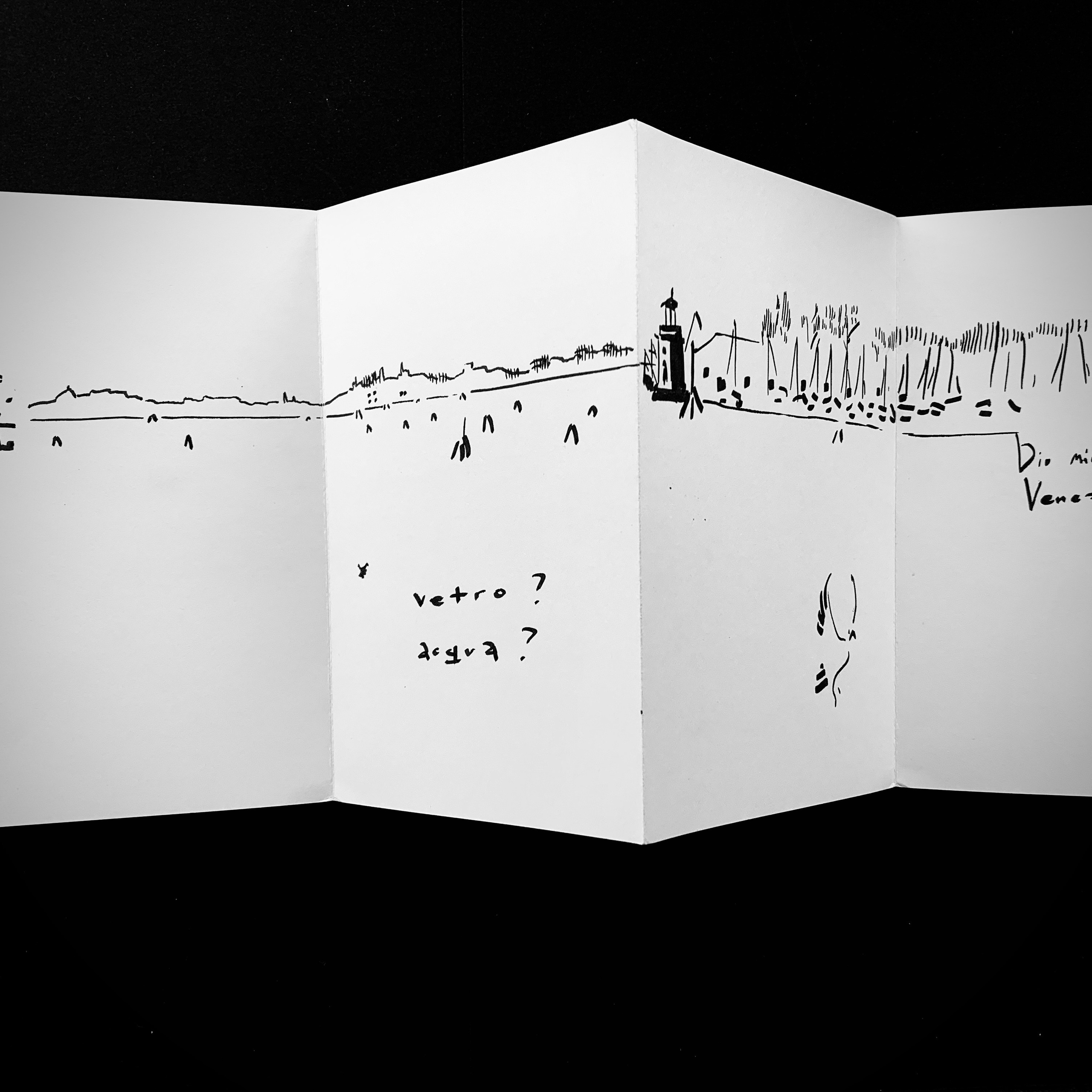 Moleskine notebook with original drawings made in Venice, works on paper developed as part of an artist’s editorial project. A black and white drawing of a Venetian water line.