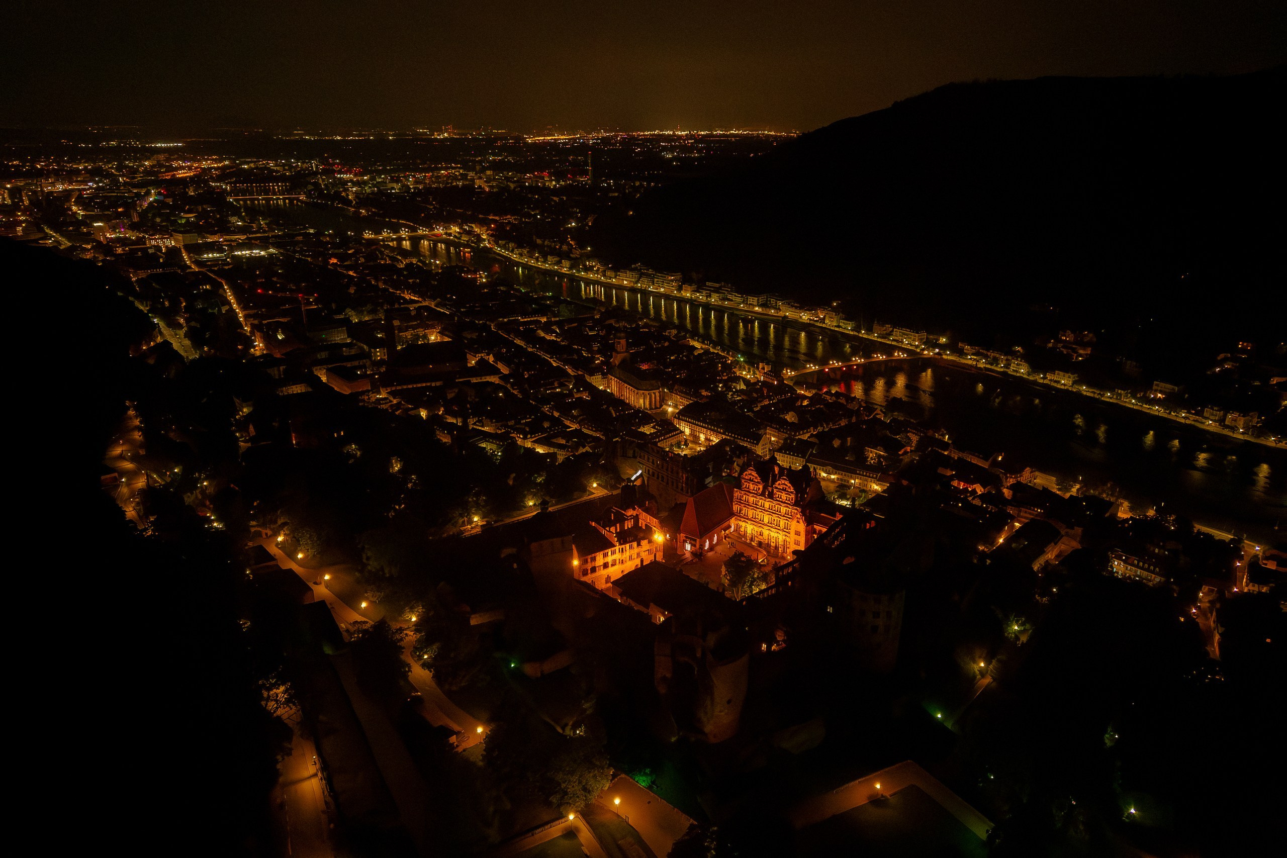 Heidelberg Castle at night drone shot