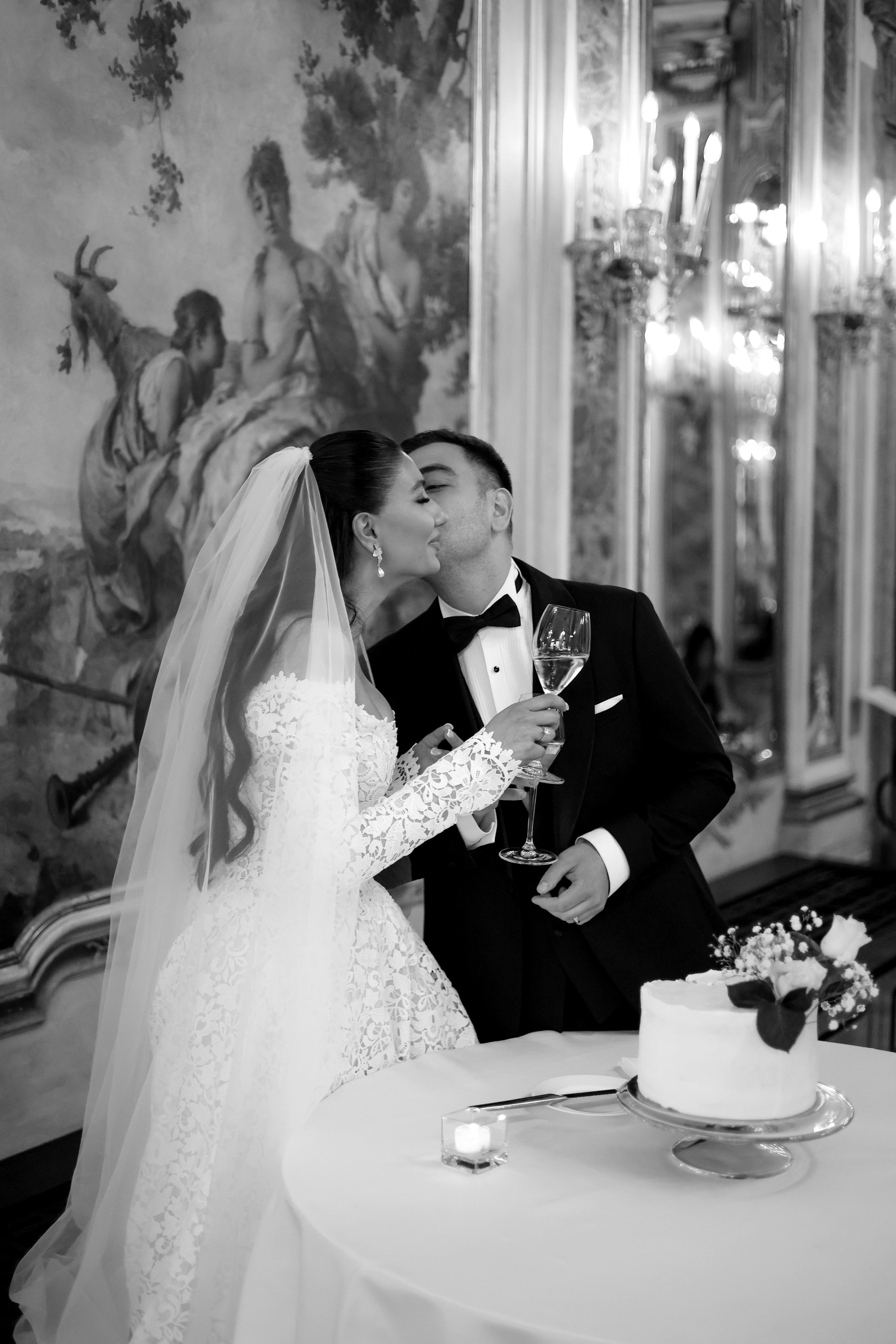 Timeless black and white portrait of Armenian couple in an elegant room at Aman Venice
