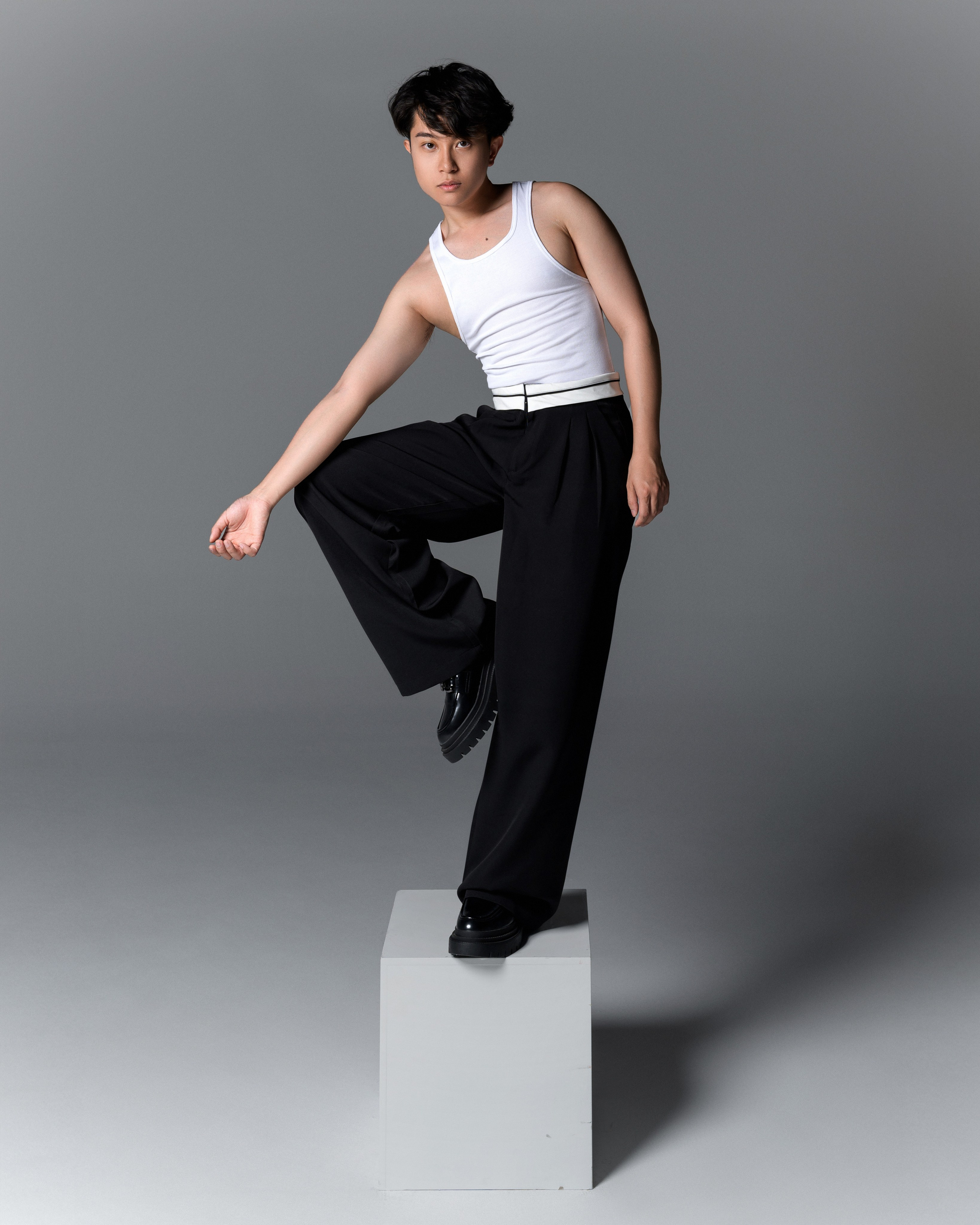 Studio fashion shoot, man model test for fashion portfolio in San Francisco.