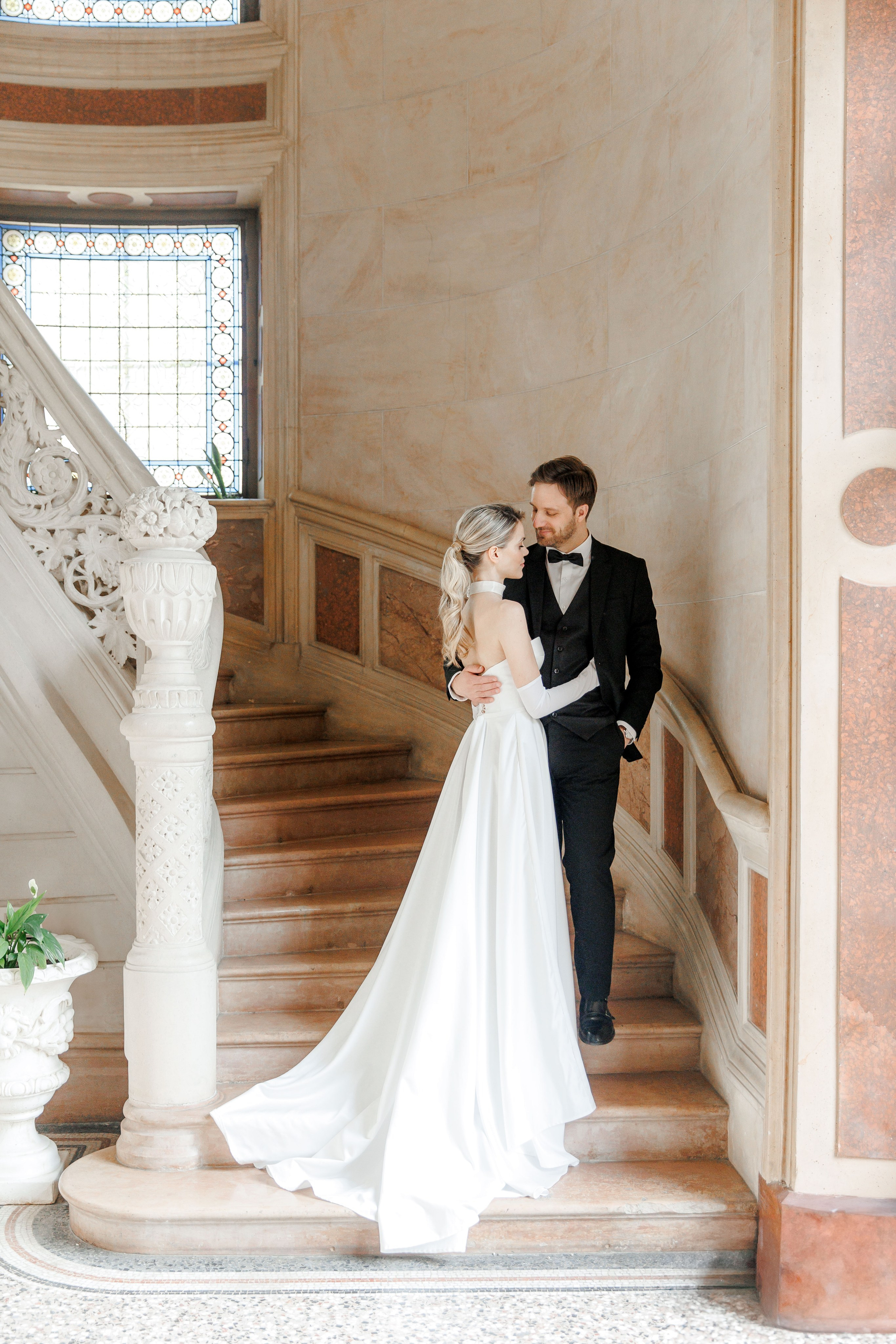 Classic wedding portrait of the bride and groom, emphasizing timeless elegance on their wedding day in France. 