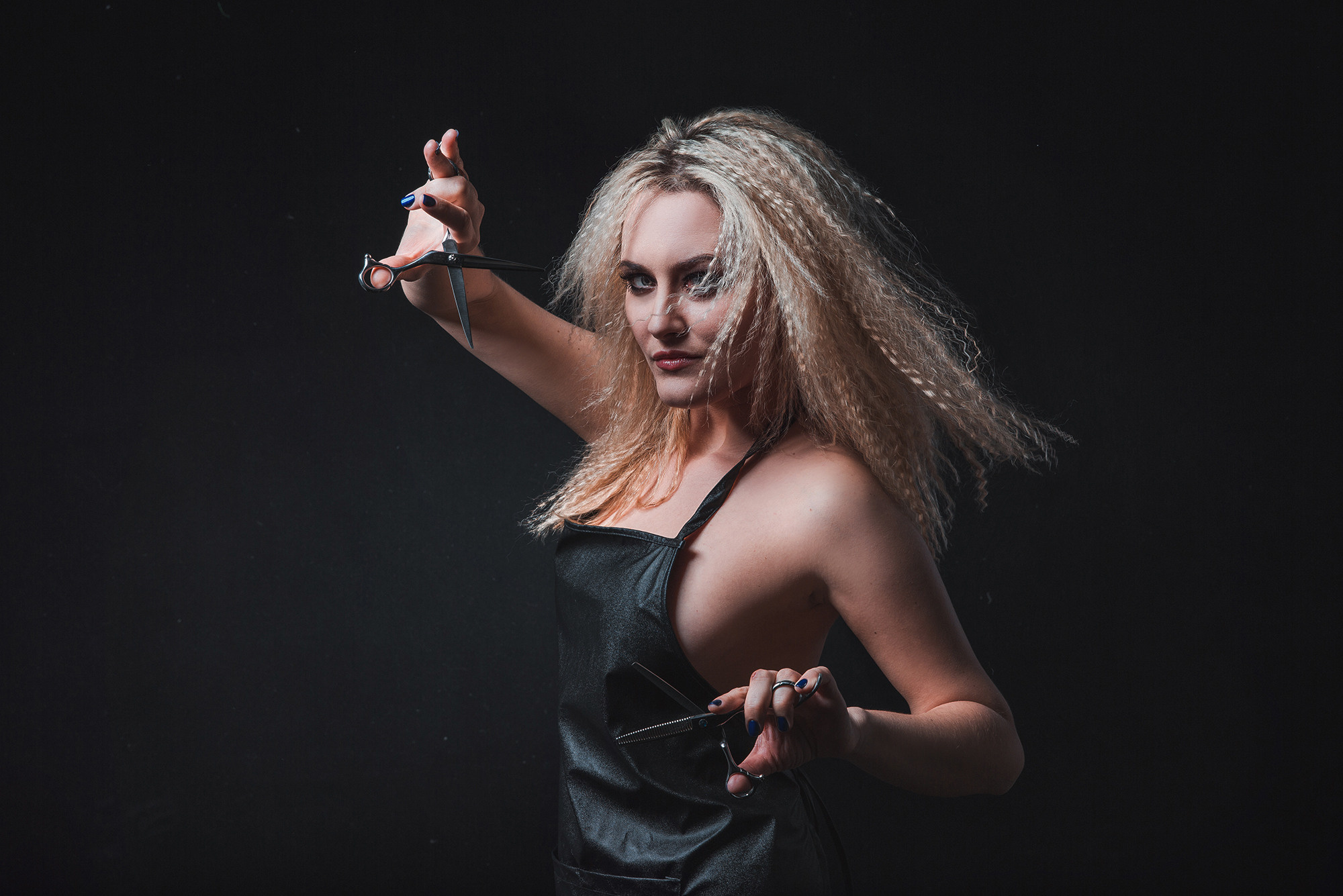 Studio promotional photo shoot for hairdresser girl.