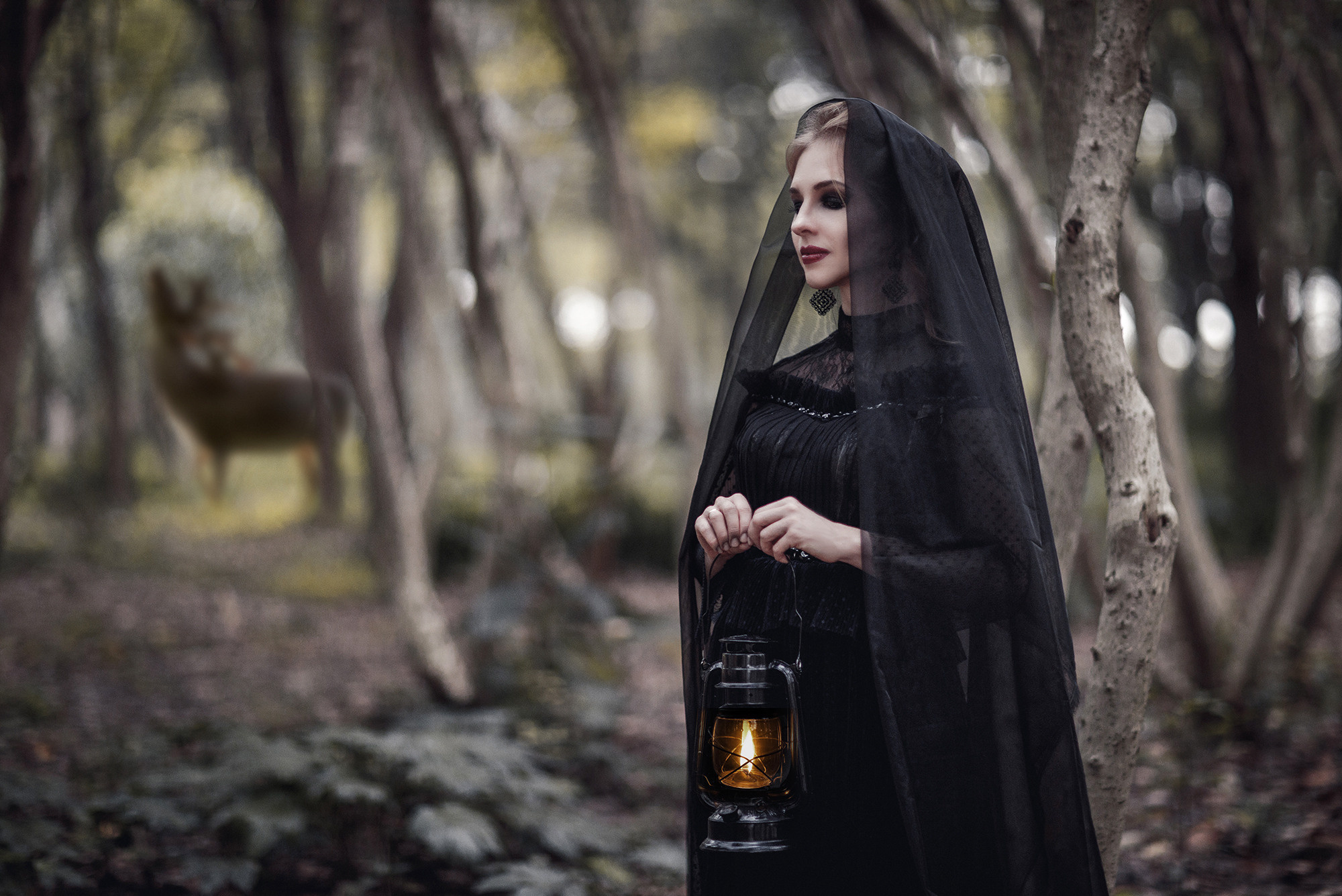 Artistic photo shoot. girl in the image of a witch, wearing a black chiffon dress with a large hood, holding an authentic black lantern. Photo shoot in Shanghai park.