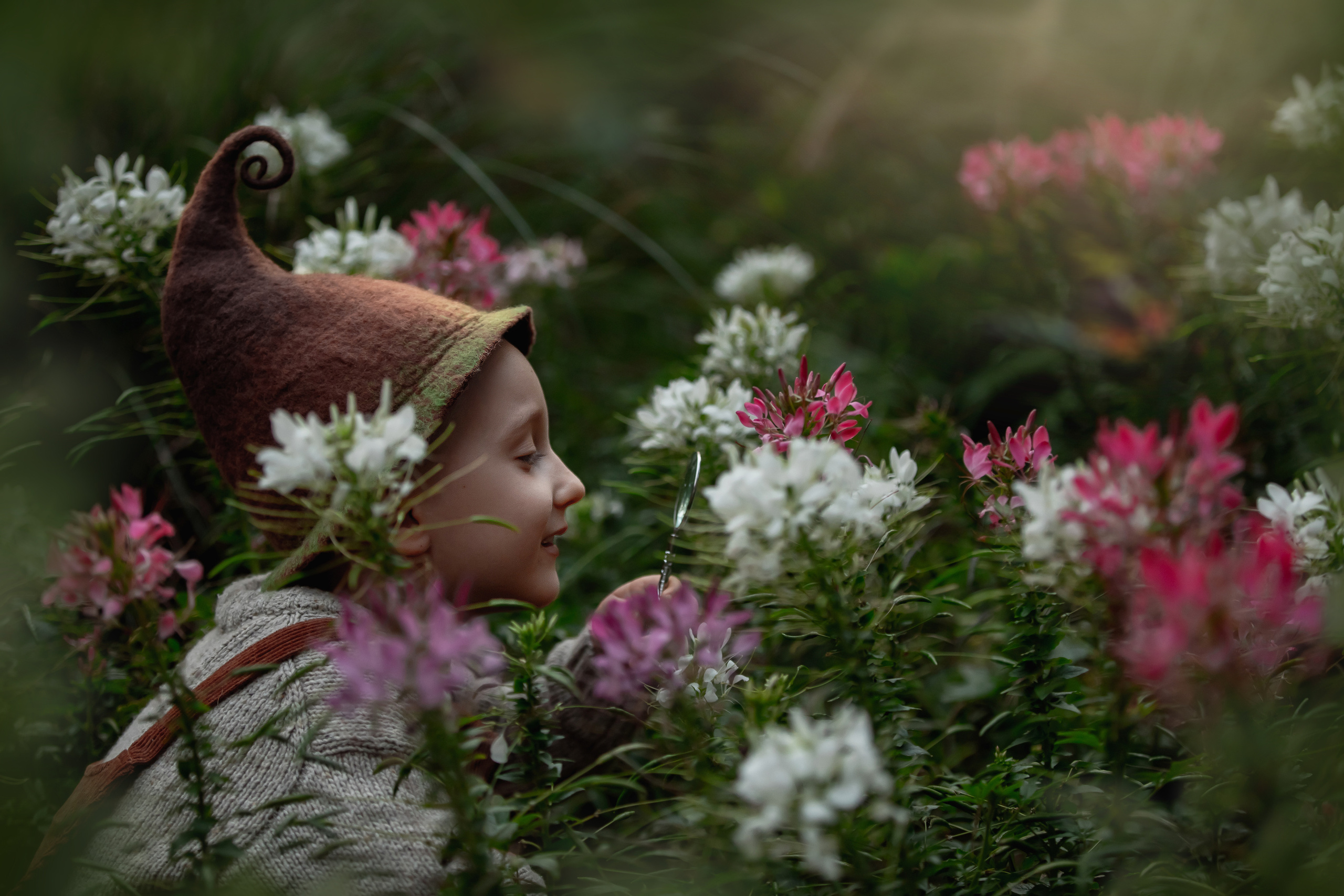Photo session of a boy in the park. Boy as a gnome. Artistic photo session. Photographer Lola Pidluskaya. A boy looking at flowers under a magnifying glass. Gnome botanist.