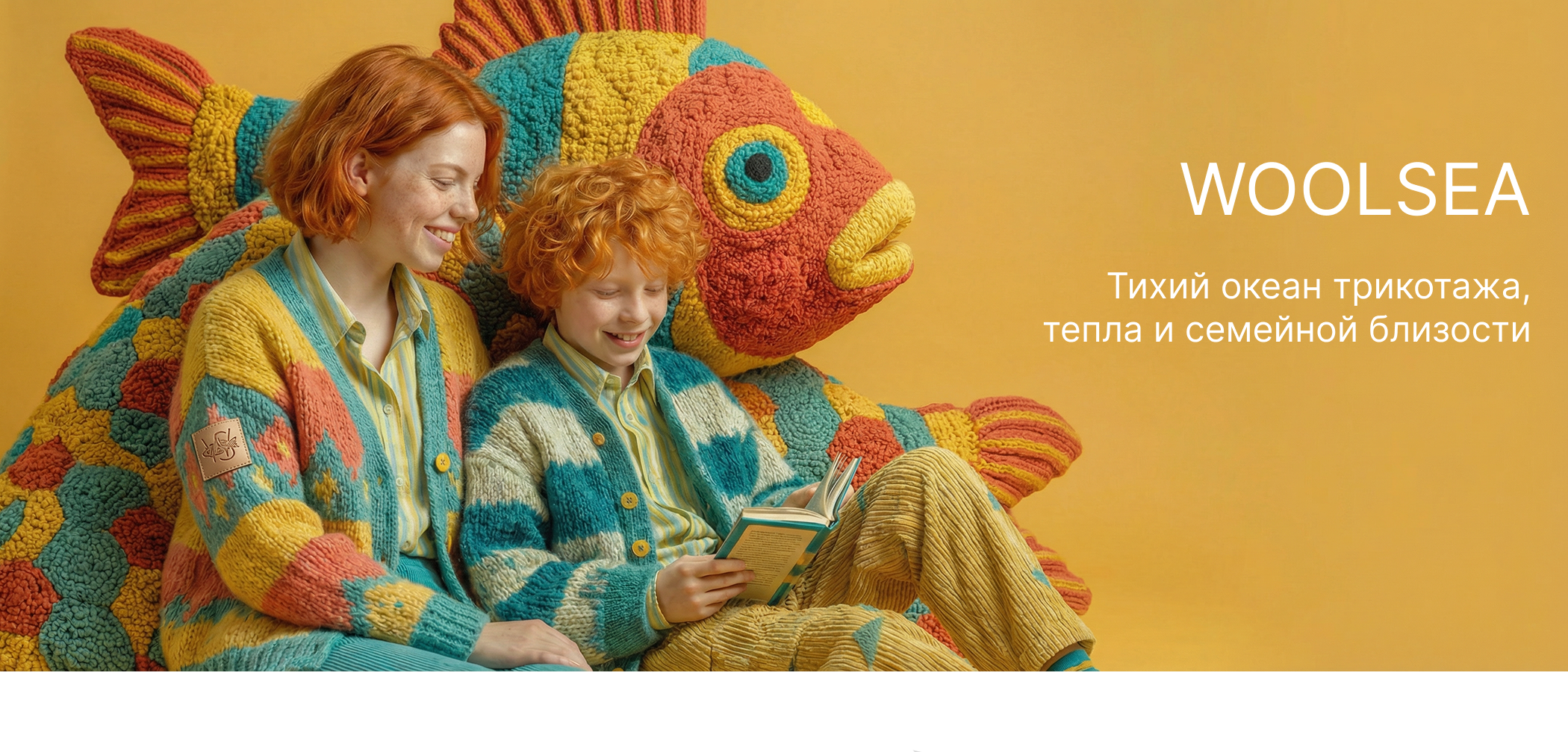 WOOLSEA Soft Ocean Family Knitwear Editorial | Mother and Child Knitwear Collection. Irina Bulanova — AI Artist | Surreal AI Art & Bright Digital Worlds