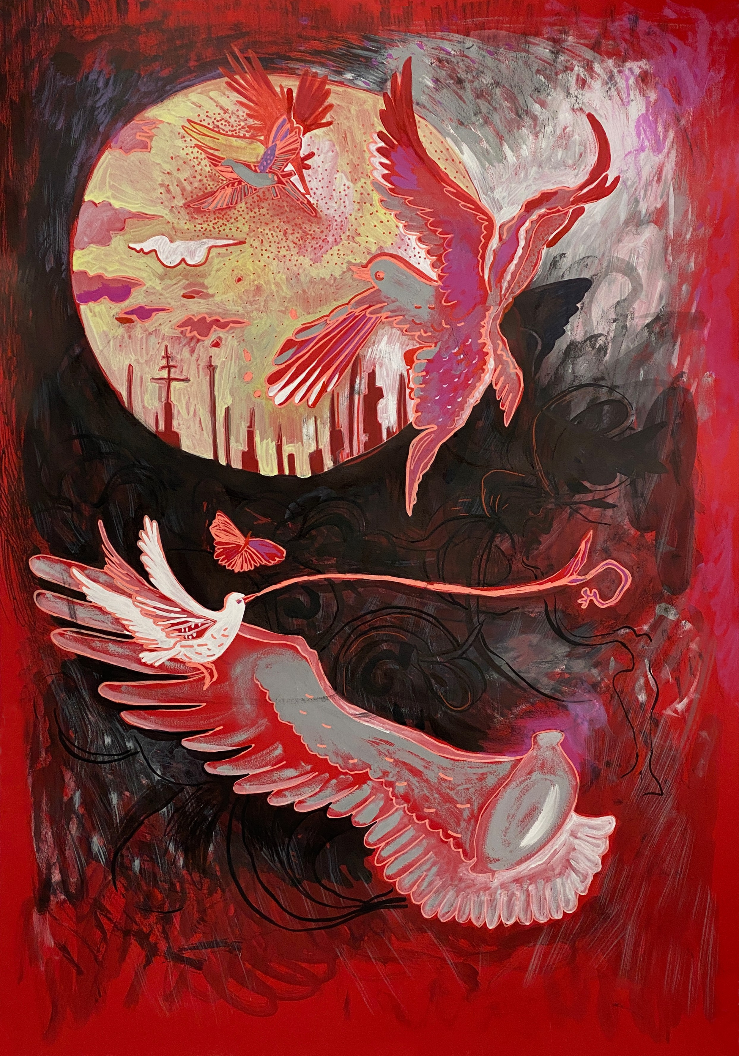 'Possibility of peace' 100x70 (2 pieces) Paper, ink, water-based paints, markers. Diptych. The works were made based on images generated by the Midjourney artificial intelligence program using the prompt “possibility of peace”. Most of all I was intrigued by the errors in those results. The pigeons with three wings and unknown animals with feathers that for some reason were red etc. It seems to me that when you give Midjourney a simple 2-3 word prompt, it produces something very superficial, the kind of collective unconscious in which it was taught. I saw this process as an illustration of a situation where we just want “everything to be OK” and don’t want to pick sides. There are situations when trying to escape the responsibility of choosing and doing “good for everyone” turns into a disturbing nightmare. 