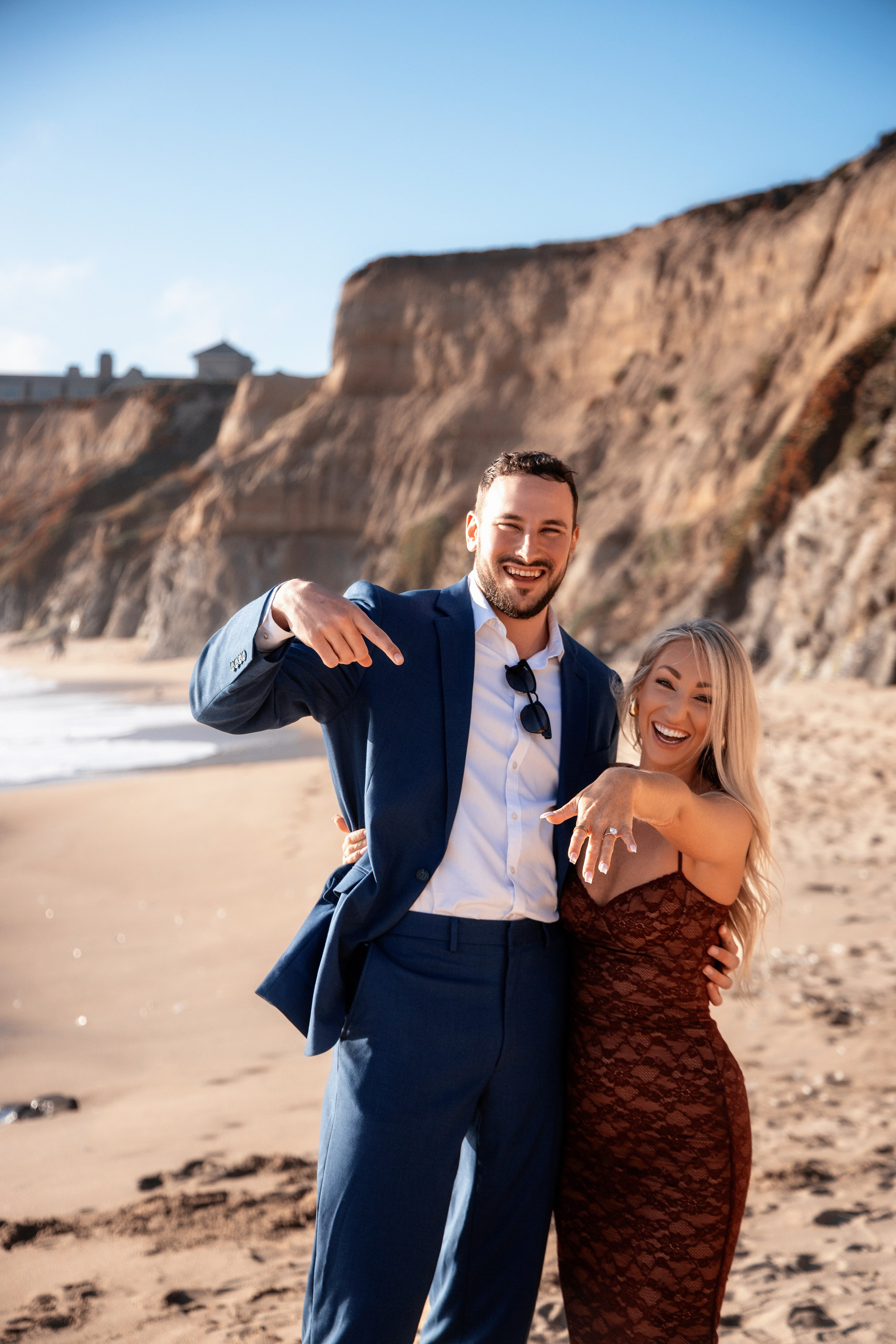 Couple embracing after a successful proposal in the Bay Area