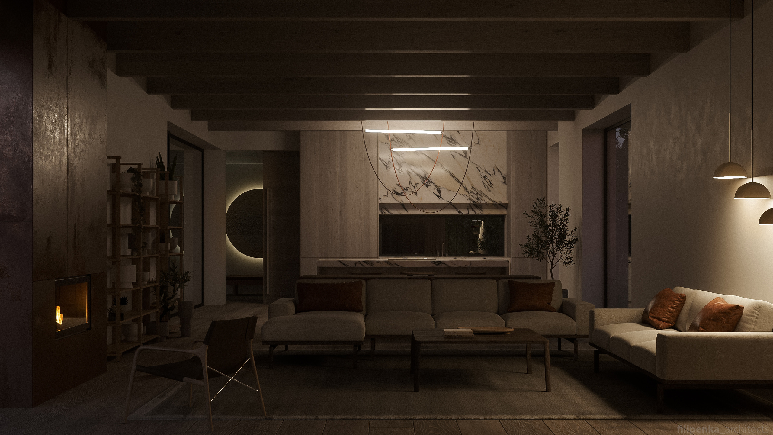 Obývací pokoj s jídelnou a kuchyní. Filipenka architects