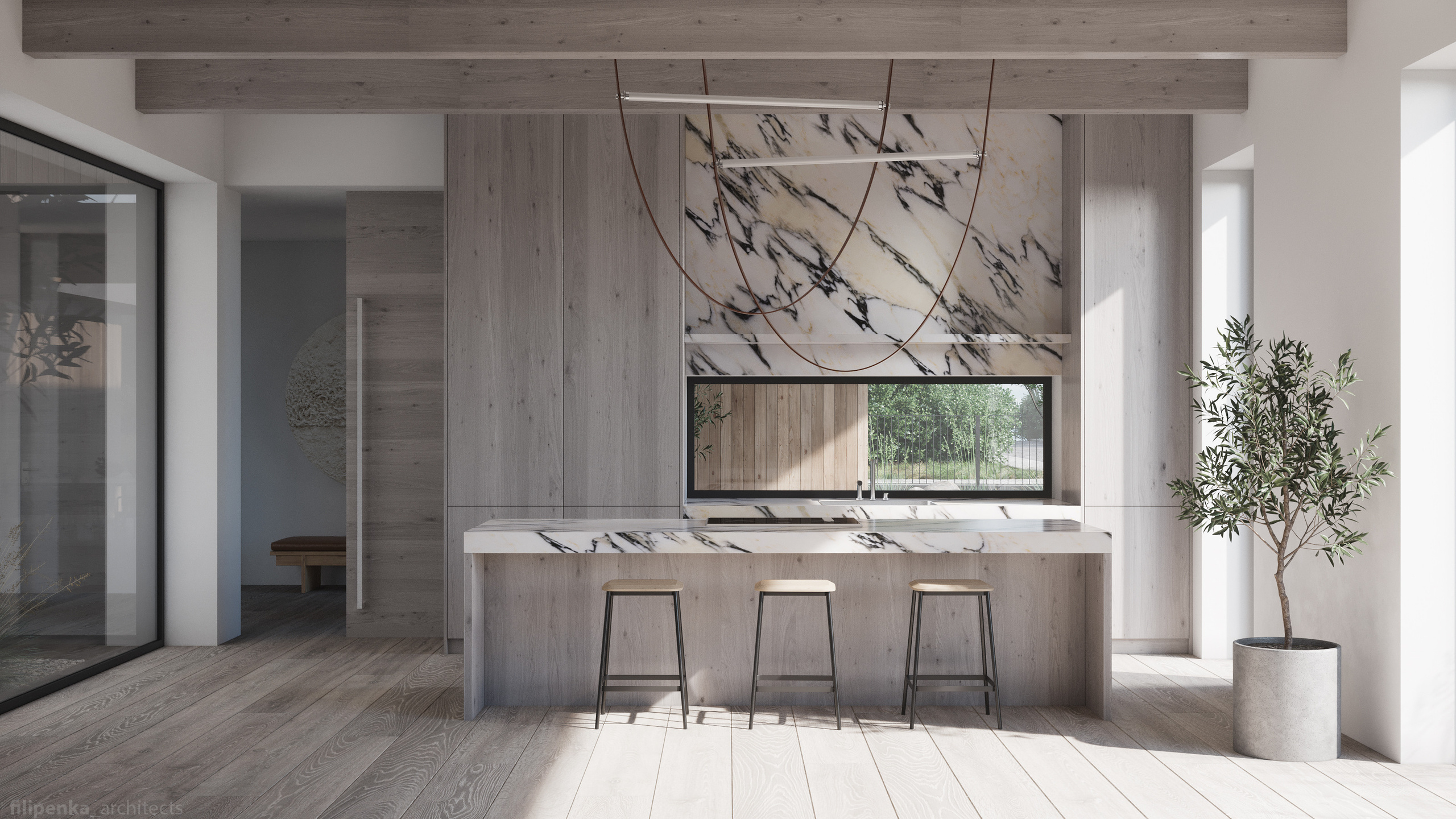 Obývací pokoj s jídelnou a kuchyní. Filipenka architects