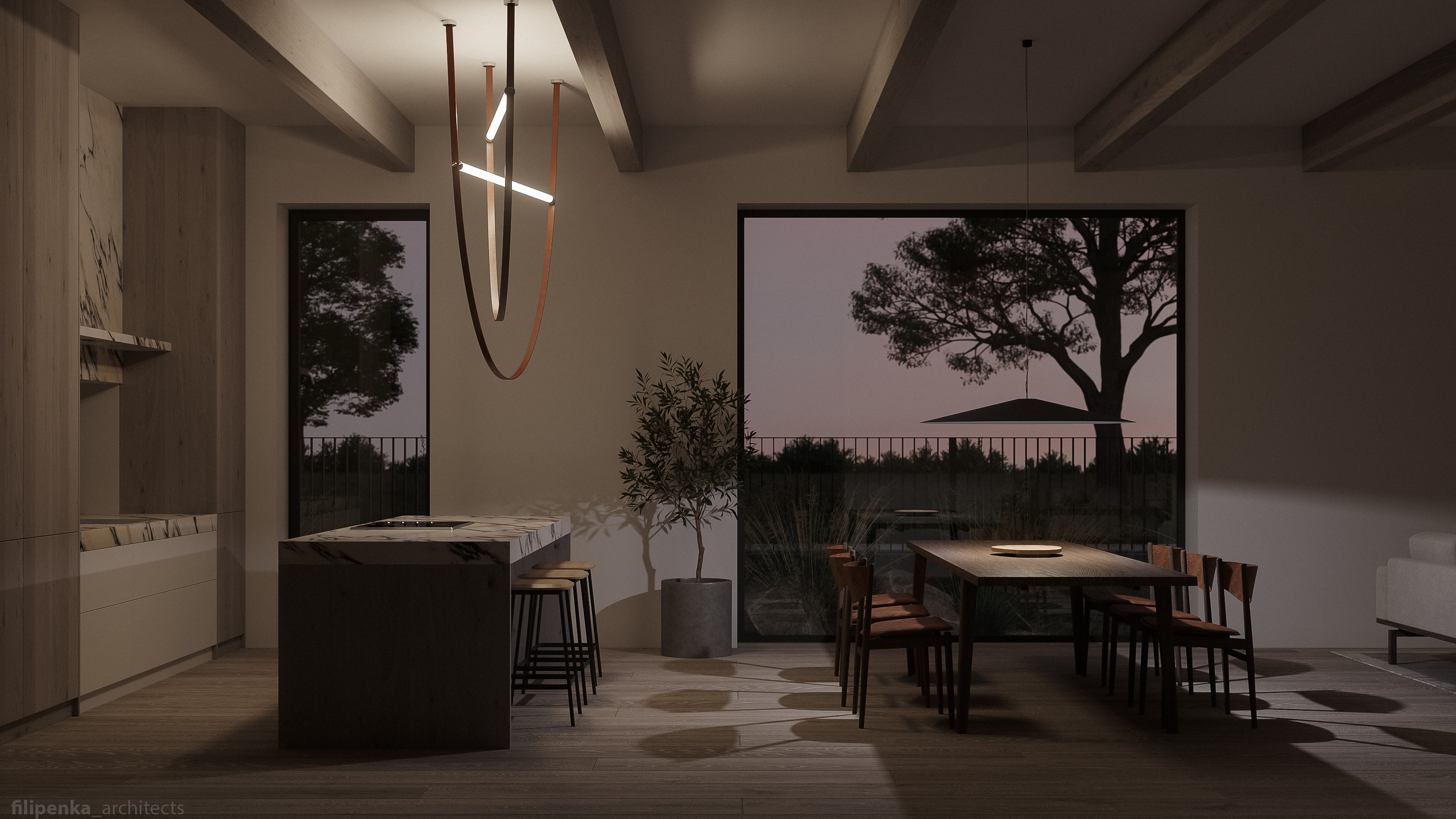 Obývací pokoj s jídelnou a kuchyní. Filipenka architects