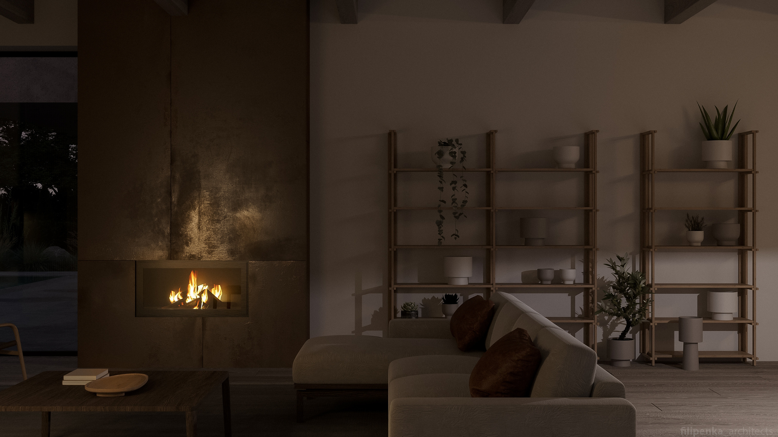 Obývací pokoj s jídelnou a kuchyní. Filipenka architects